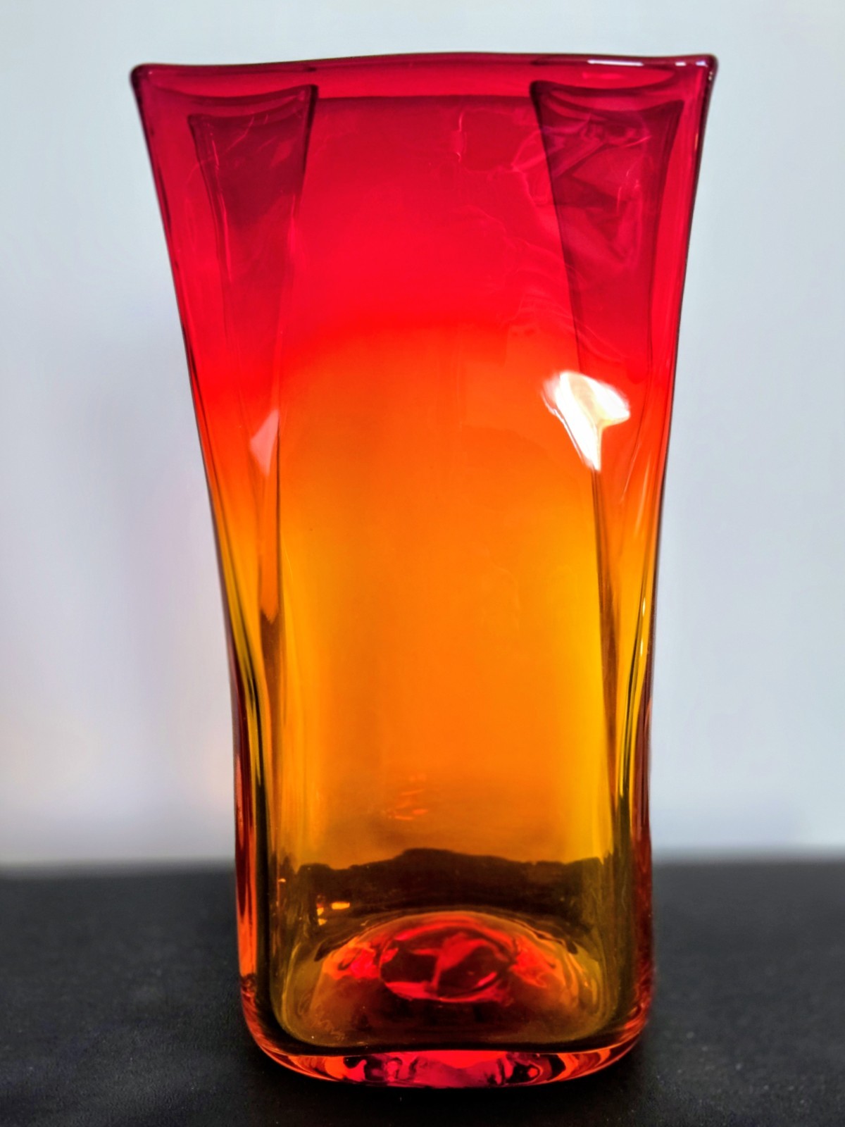 Signed Blenko Paper Bag Glass Vibrant Amberina Tangerine Vase, Rare 8.5″ High