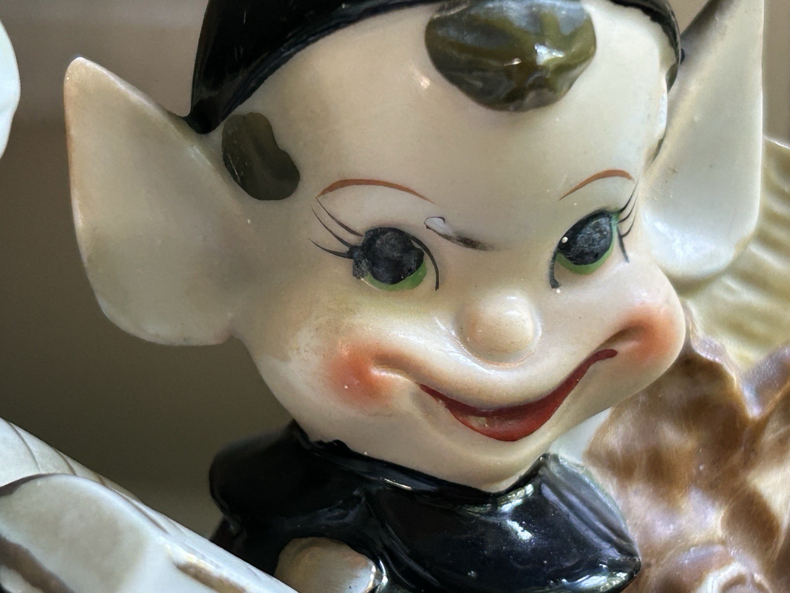 Vintage 1950s Ceramic Pixie Elf Reading a Book on Log w/ Bird Figurine ~ Japan