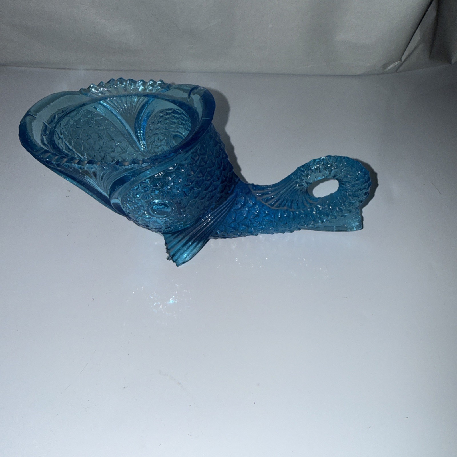 Teal Blue gGlass Fish Container Koi Shaped *No Lid Scale Pattern Rare