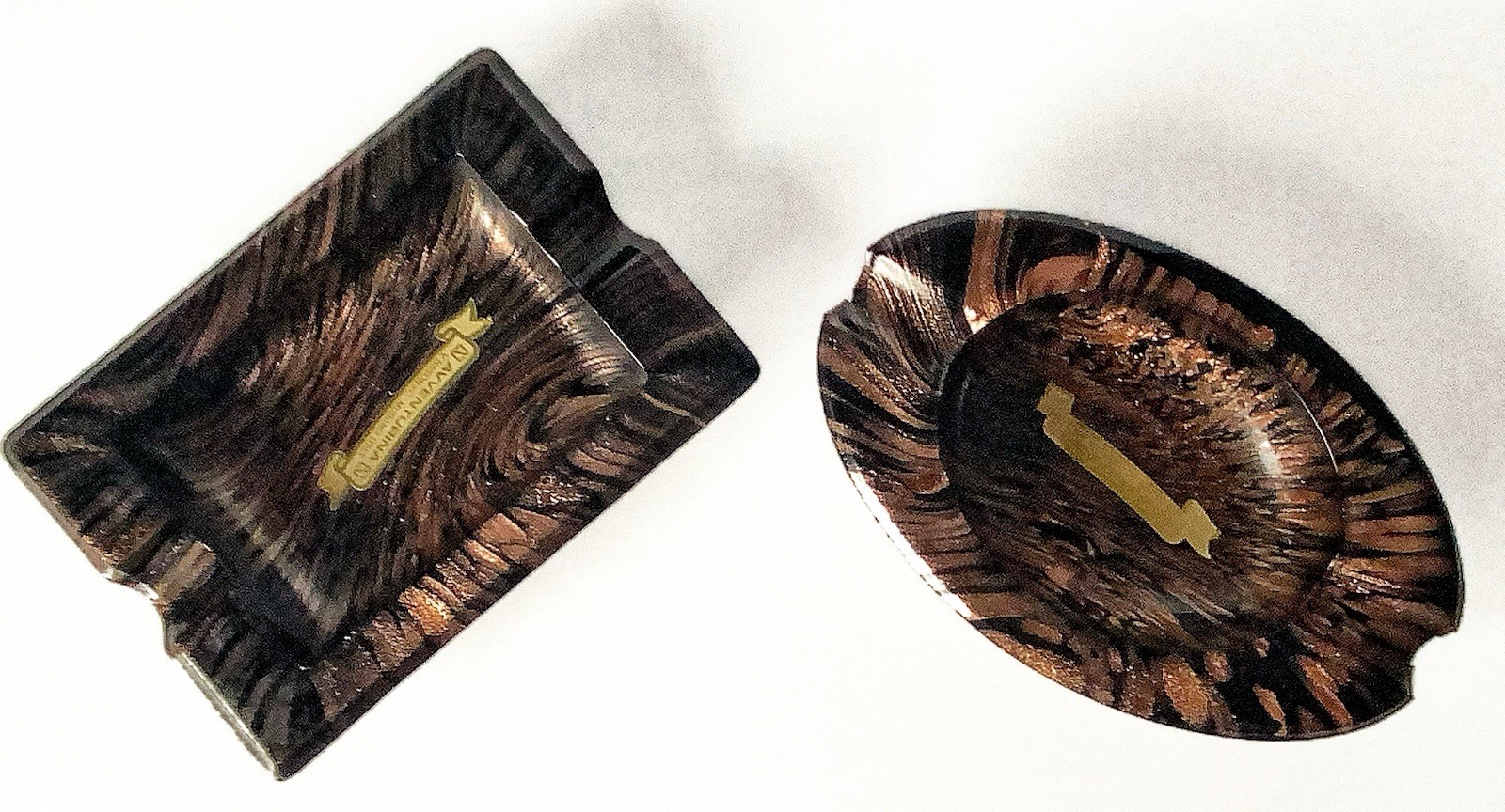 V Nason Murano Avventurina Copper Art Glass Ashtray Set Italy Label V