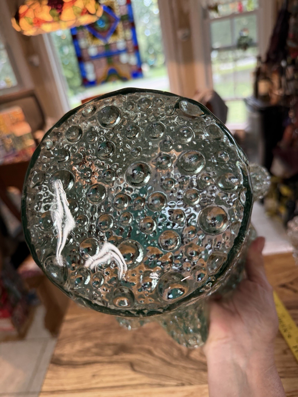 MCM Sea Green Art Glass Bubble Vase Handkerchief Ruffled 8” Murano Style Vintage