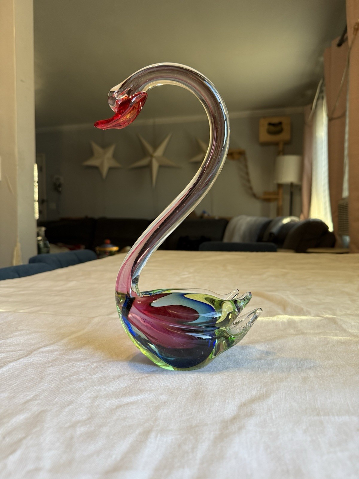 Vintage Murano Art Glass Large Swan Red Green & Blue Handblown 11.75” Excellent