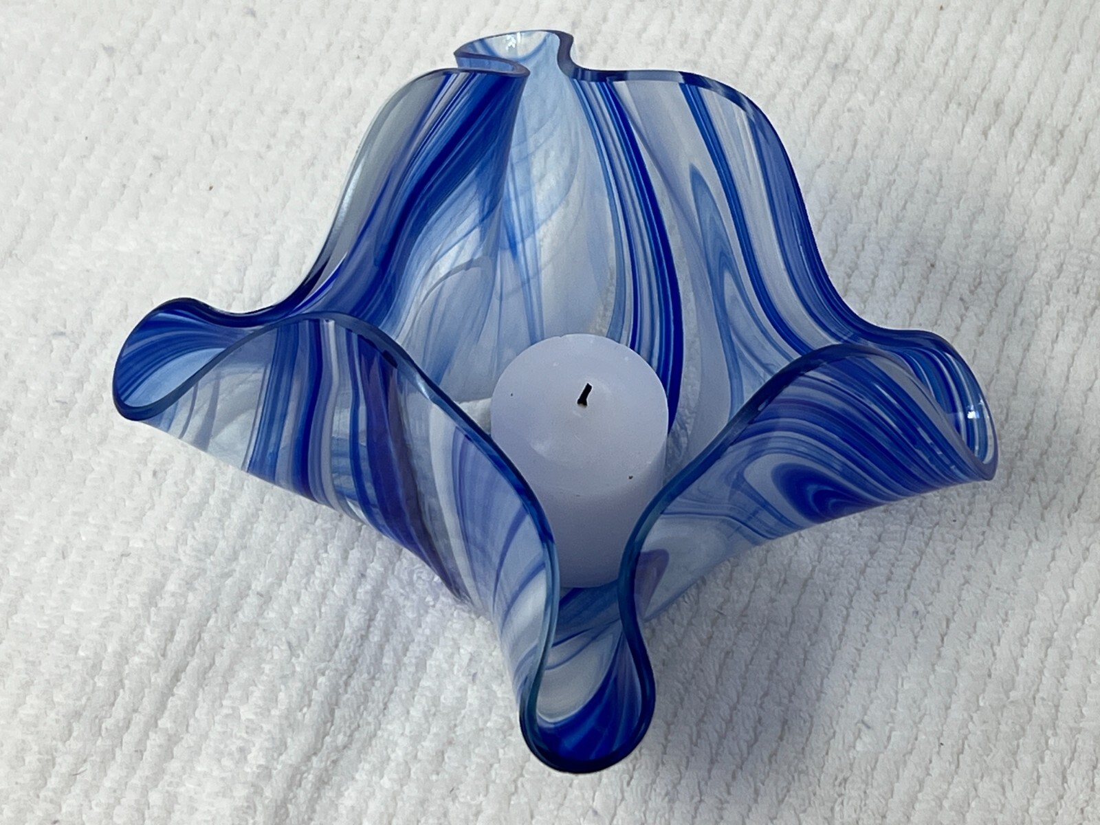 Votive Candle Holder – Blue Studio Art Glass Handkerchief Iridescent Tealight