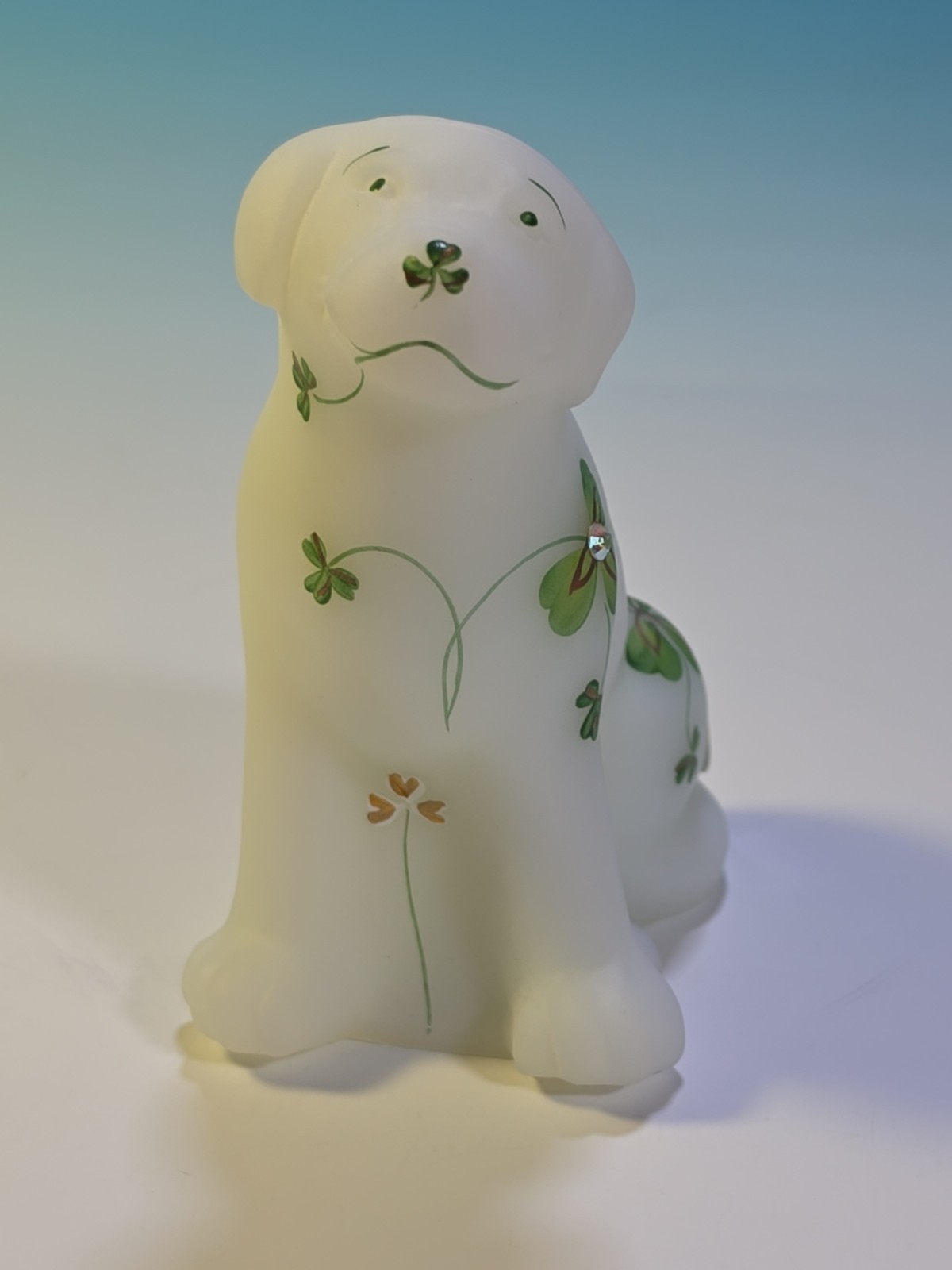 Fenton Opal Satin Labrador Puppy Irish Treasures w/Painted Shamrocks & Gem