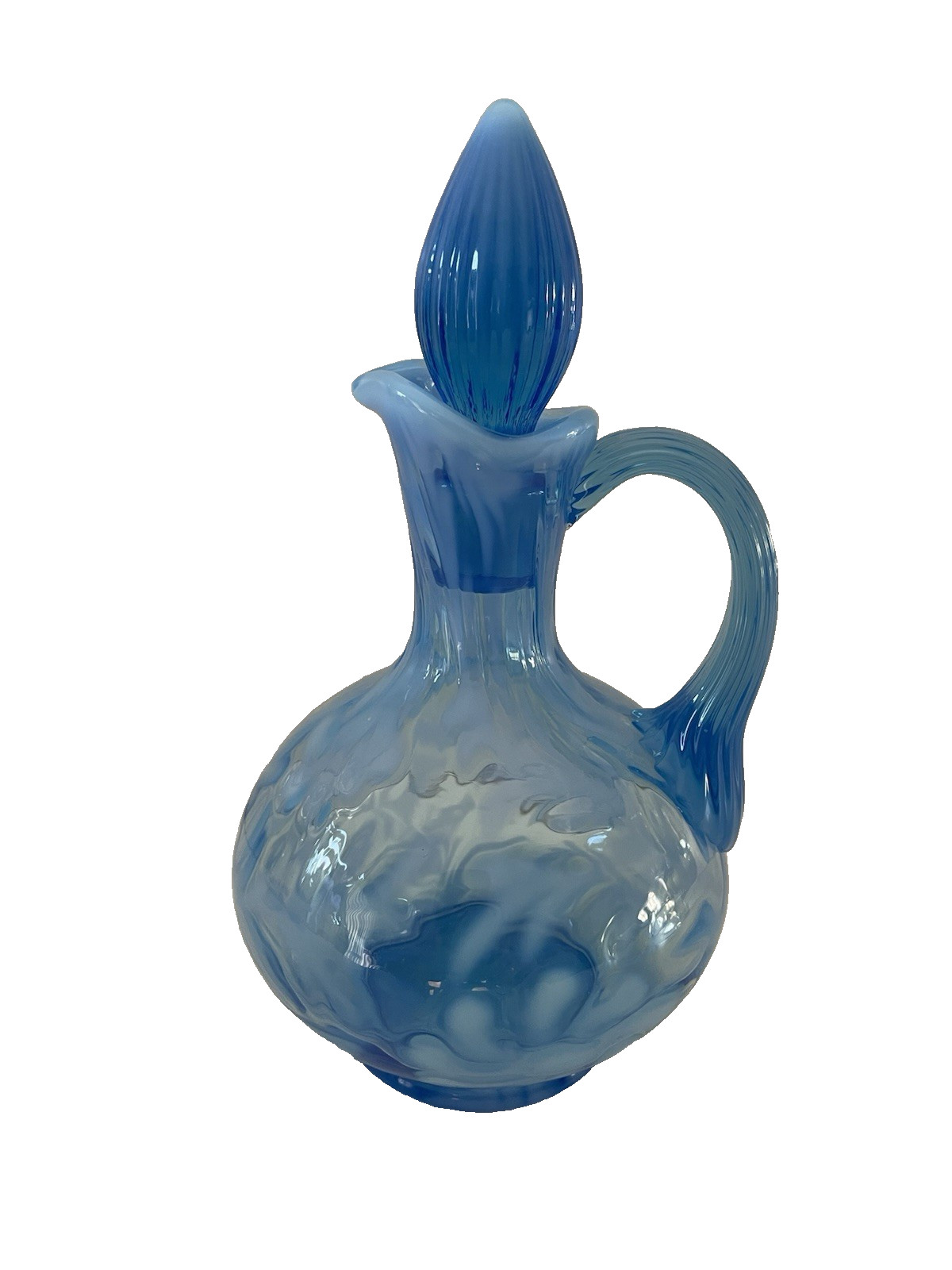 SAPPHIRE BLUE OPALESCENT 3 PIECE SET BOWL BRIDES BASKET, CRUET, BASKET