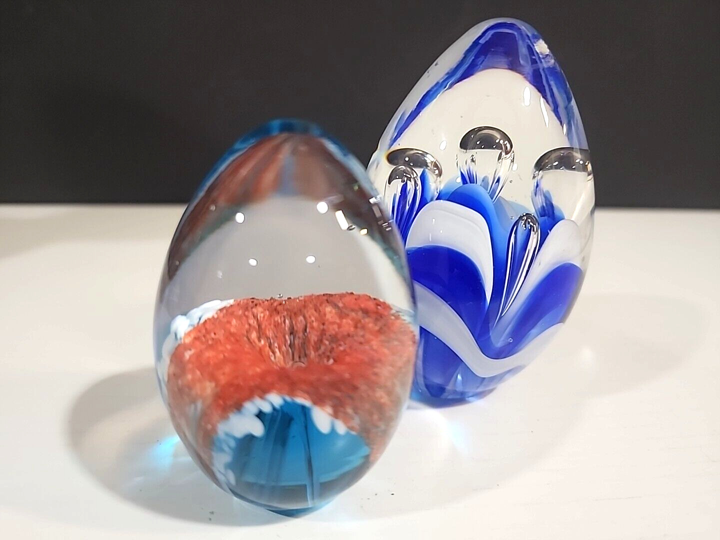 2 Vintage Glass Paperweights ~ Swirl Art Glass ~Egg Shaped
