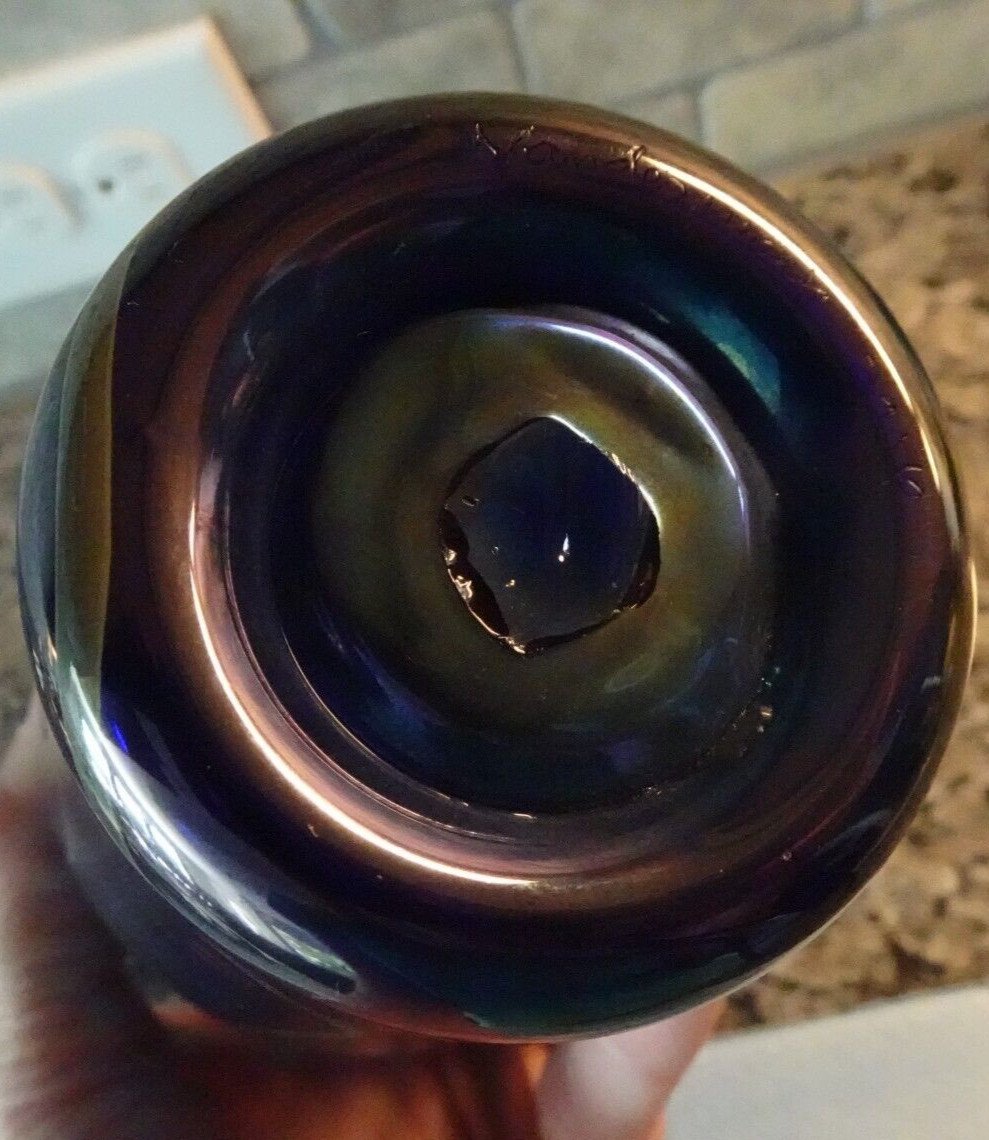 Signed 2006 Vandermark Studio Art Glass Blue Aurene Iridescent Floral Vase 11.5″