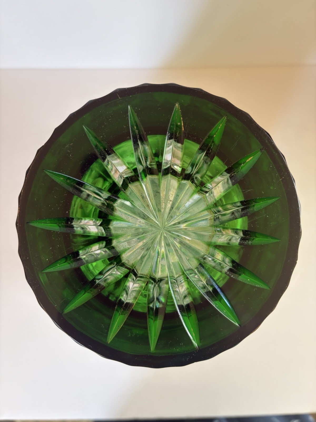 Vtg 1990s Green Cut To Clear Glass CZECH Bohemian GLASS VASE/XL/12”/SUPERB