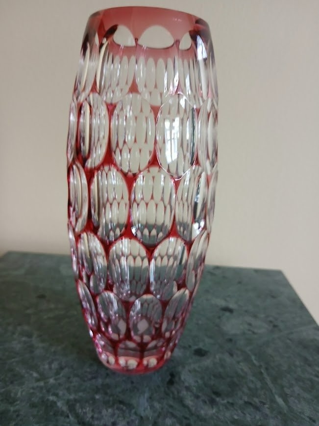 Hoya Crystal Cranberry Japan Art Glass Dimple Vase, Cut to Clear