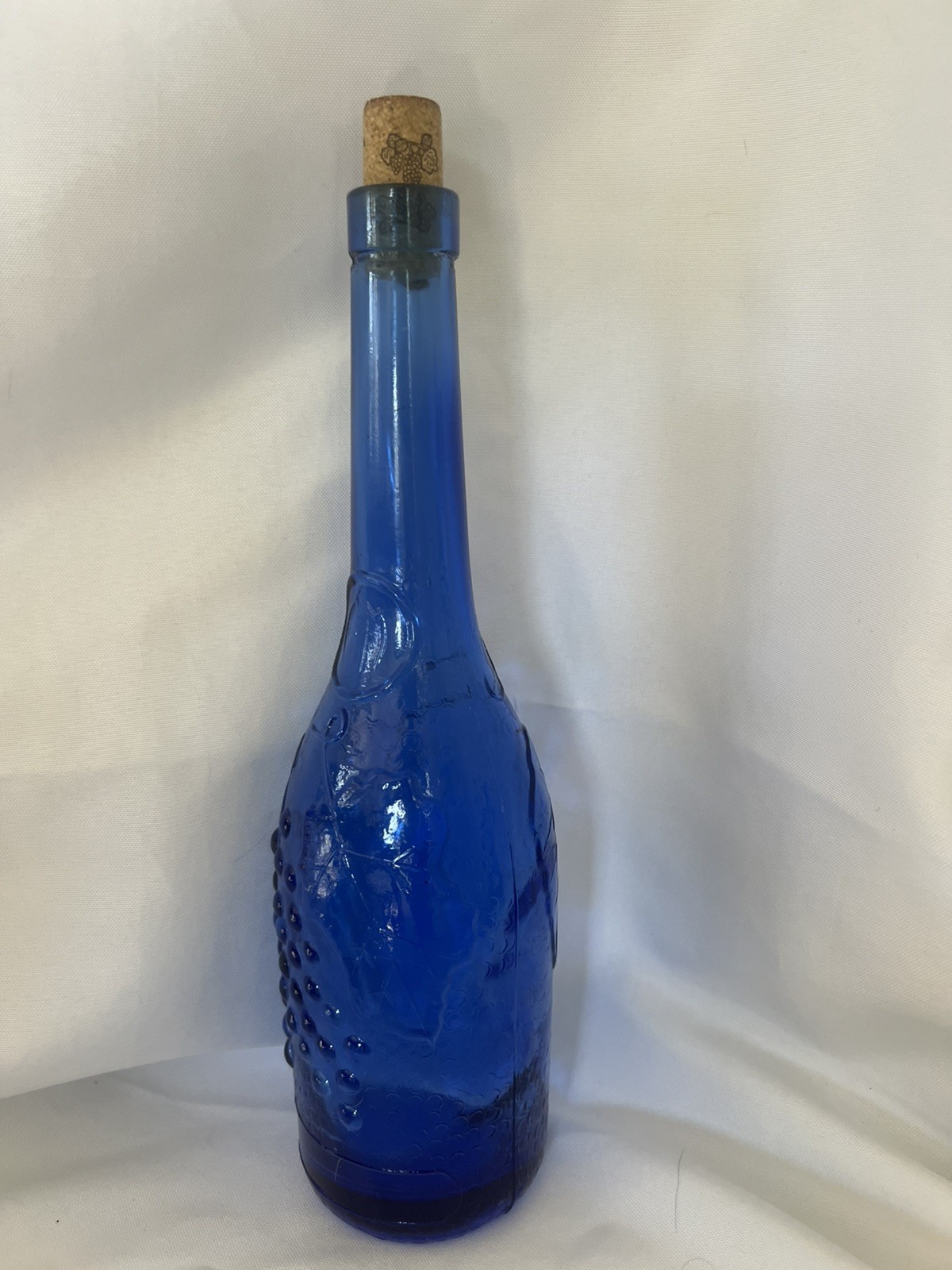 Cobalt Blue Embossed Glass Bottle, Grapes & Vine, Vintage Style Decor w/ Cork