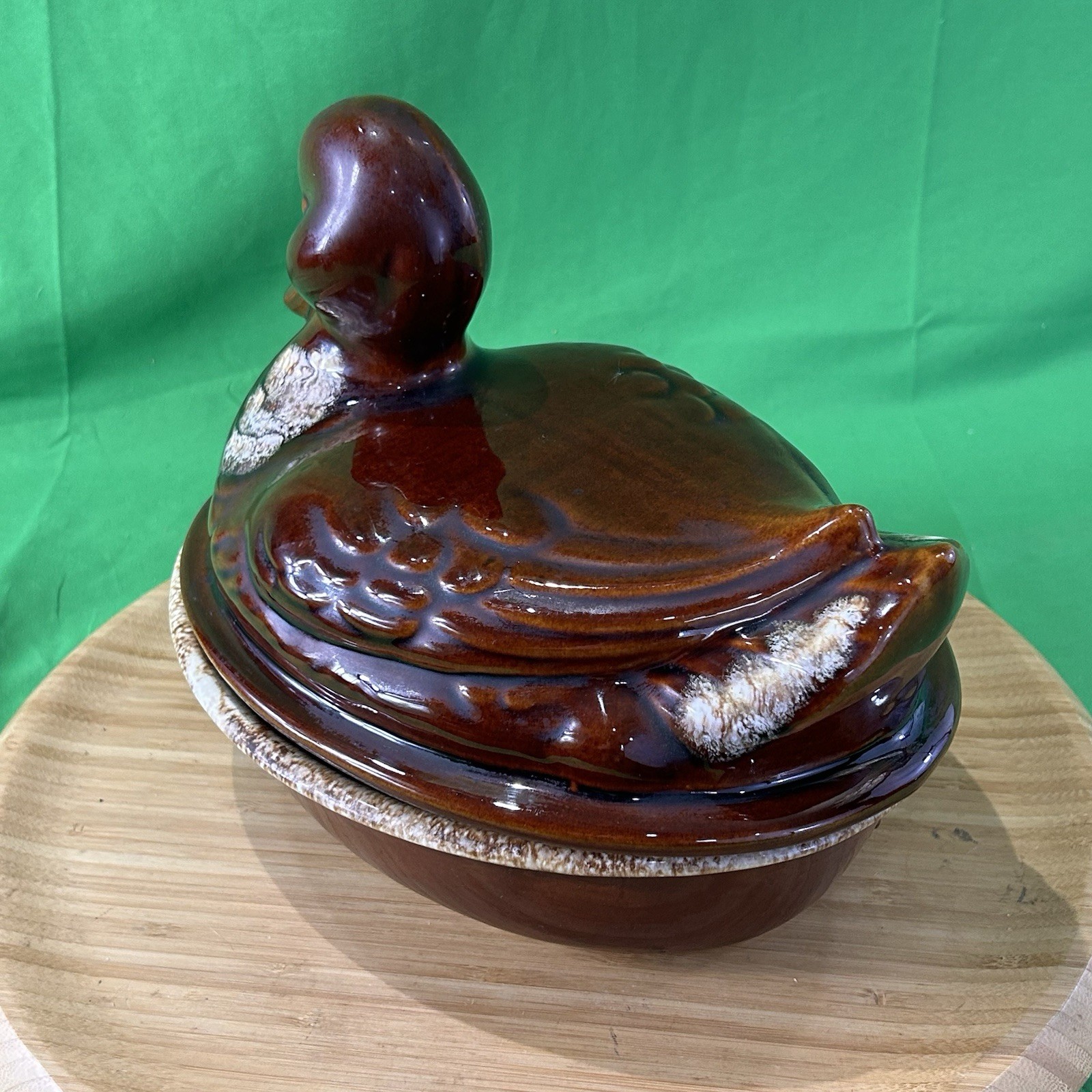 Vtg Hull HP Co. DUCK 2 Qt CASSEROLE Mirror Brown Drip COVERED BAKER Oven Proof