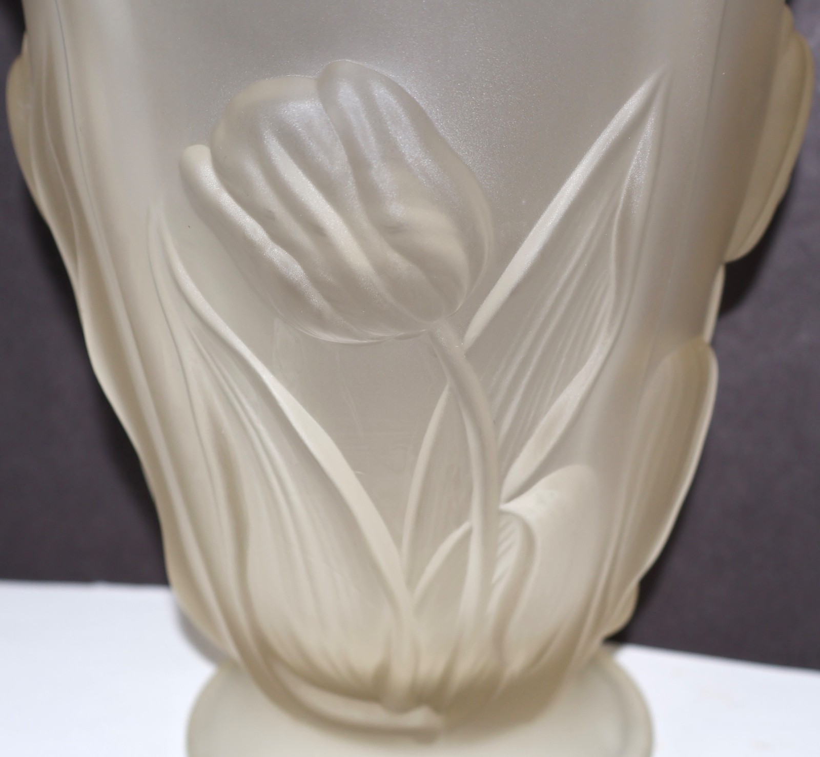 Molded Tulips and Leaves with Raised Intaglio Relief Frosted Satin Glass Vase