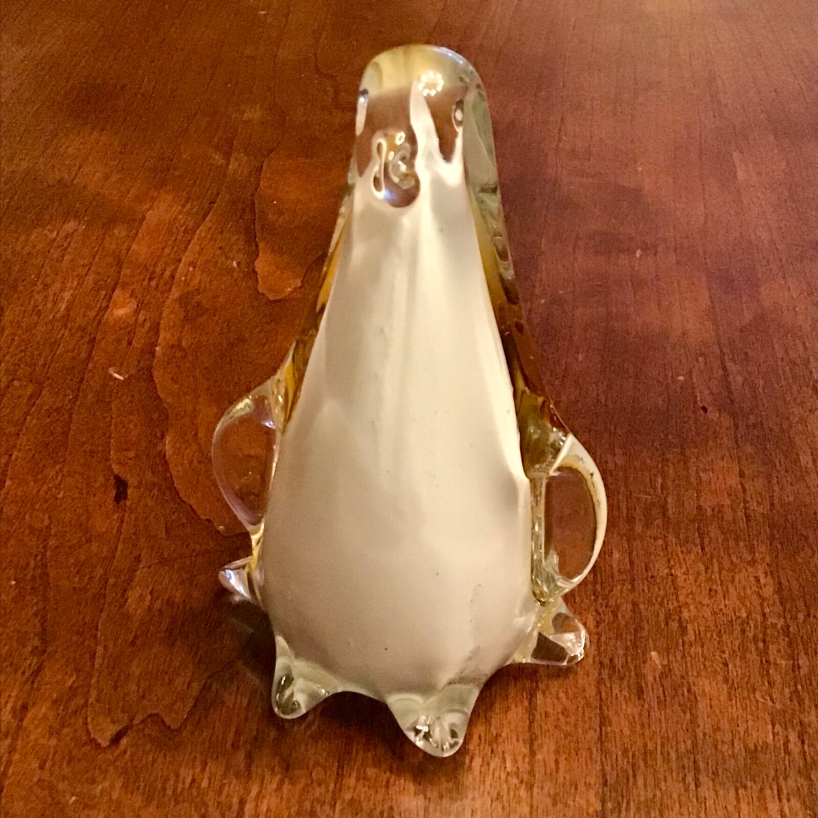 Murano Style Art Glass PENGUIN Figurine Paperweight Cased Clear White & Amber