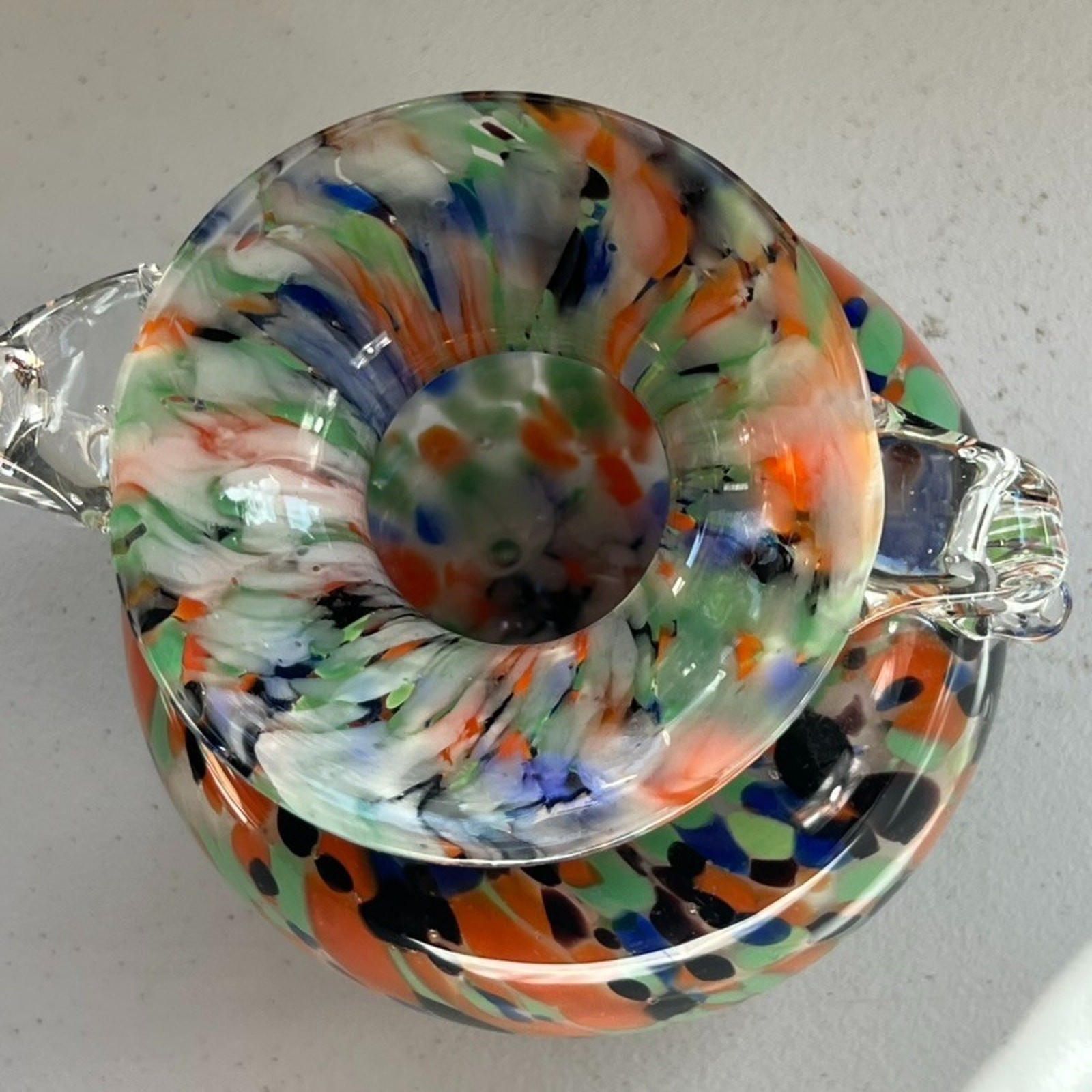 Vintage Hand Blown Art Glass Comfety Spotted Heavy Vase 2 Handles