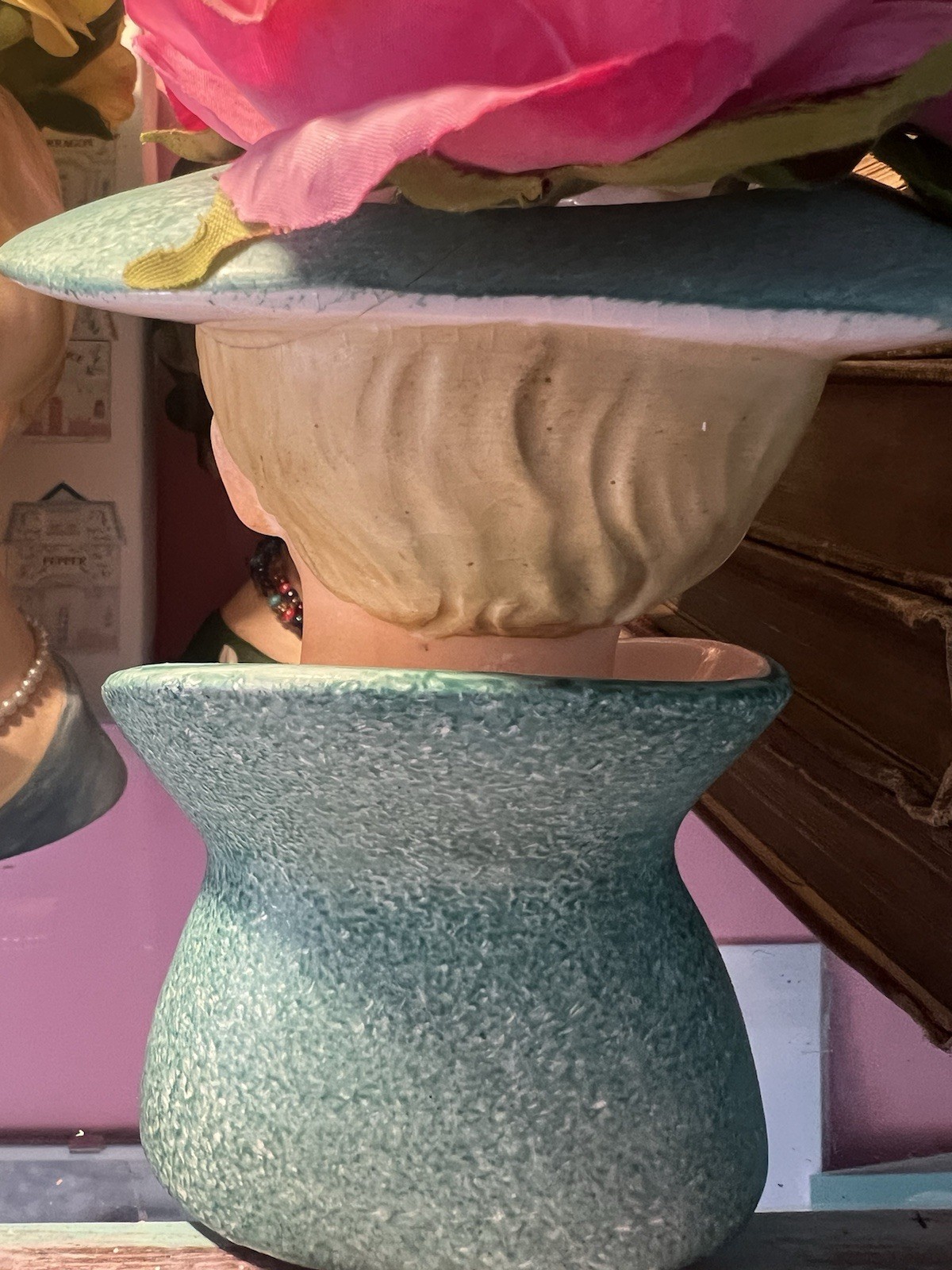 Relpo Lady Head Vase Real Eyelashes Blonde Hair 5 Blue Hat Blue Dress Japan VTG