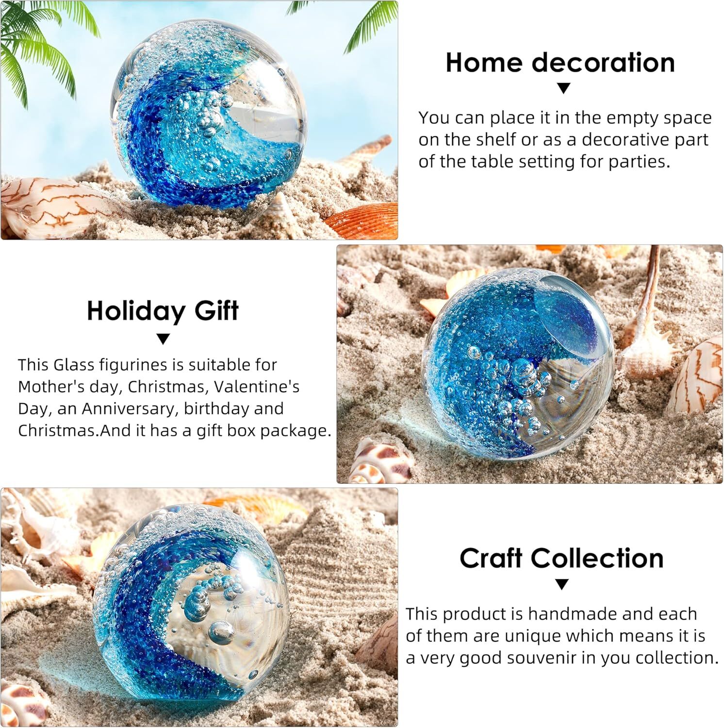 Hand Blown Glass Figurines Ball Ocean Waves,Paperweight Glass Ball,Home Decor Co
