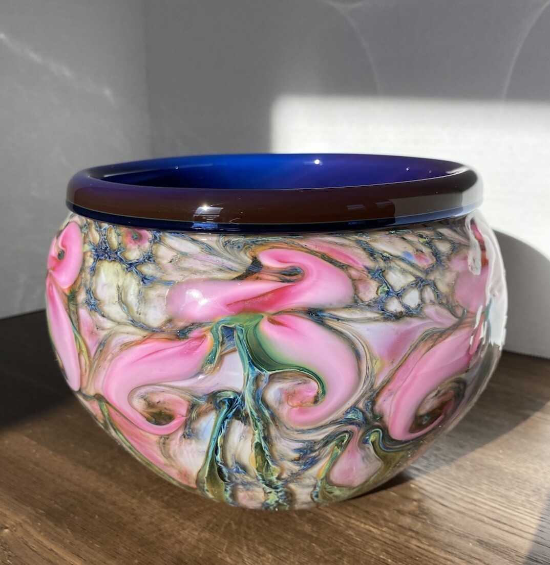 Charles Lotton Floral Iris Art Glass Bowl, Hand Blown, Artist Signed 2014
