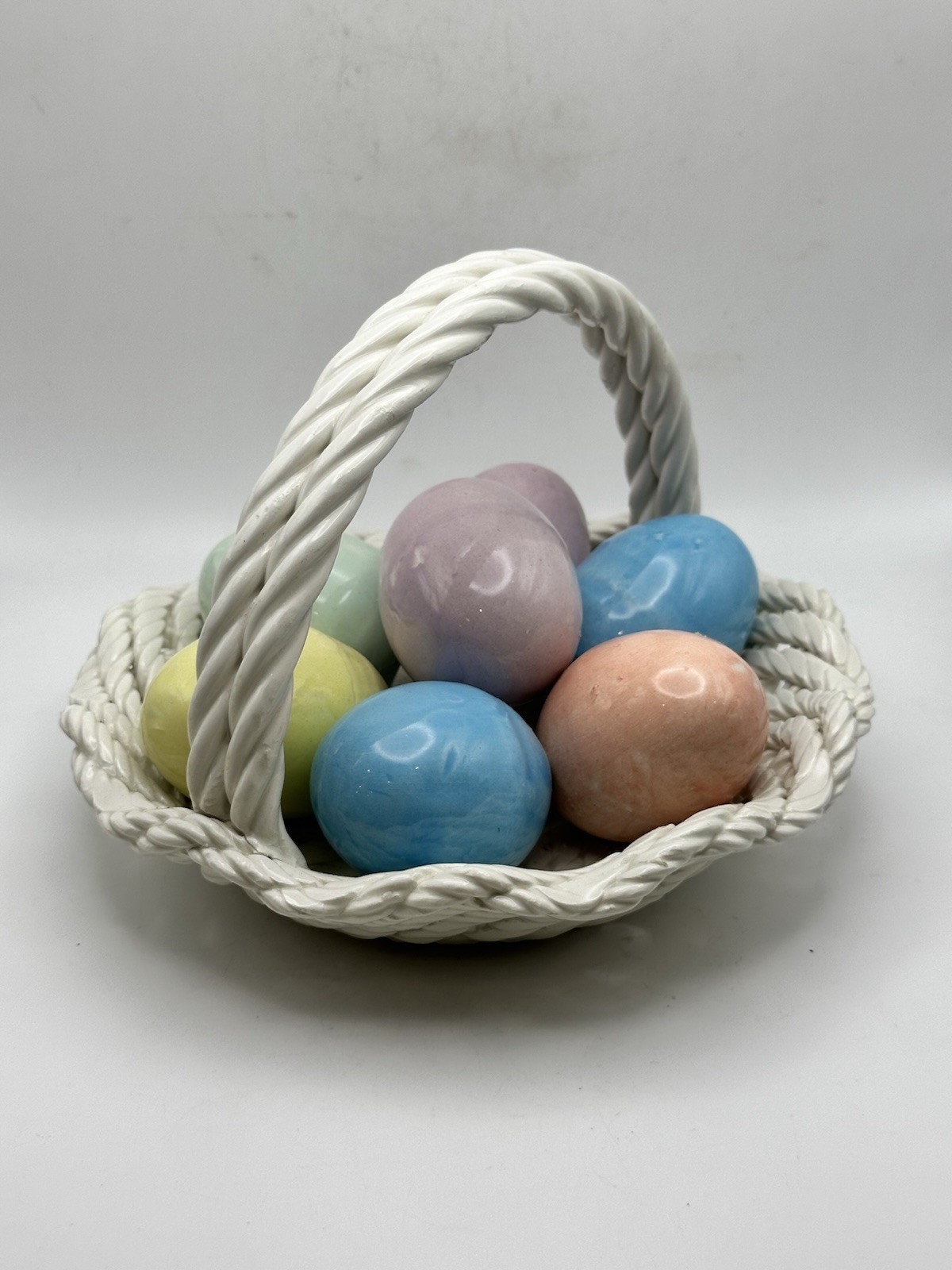 Vintage Italian Ceramic Weave Basket With Pastel Eggs Easter