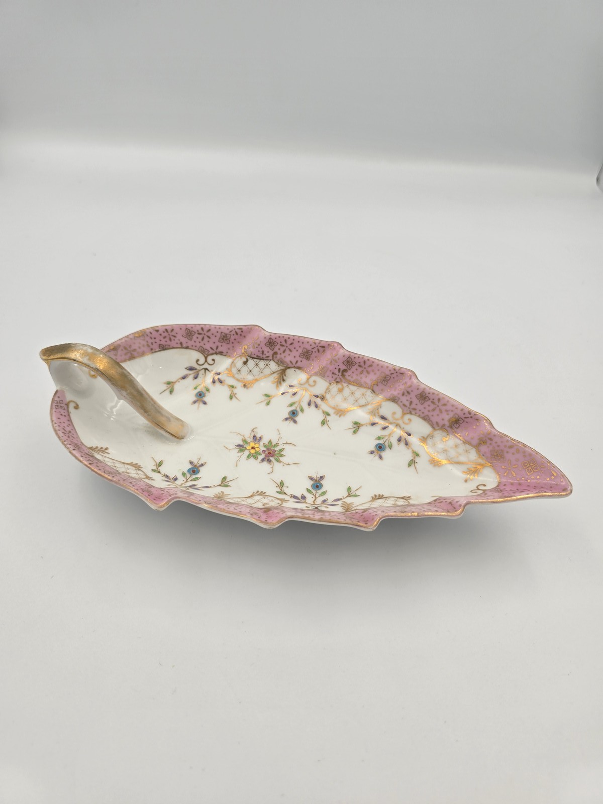 Vintage Leaf Dish Trinket Jewelry Box Pink Gold Floral Porcelain Candy Nut Tray