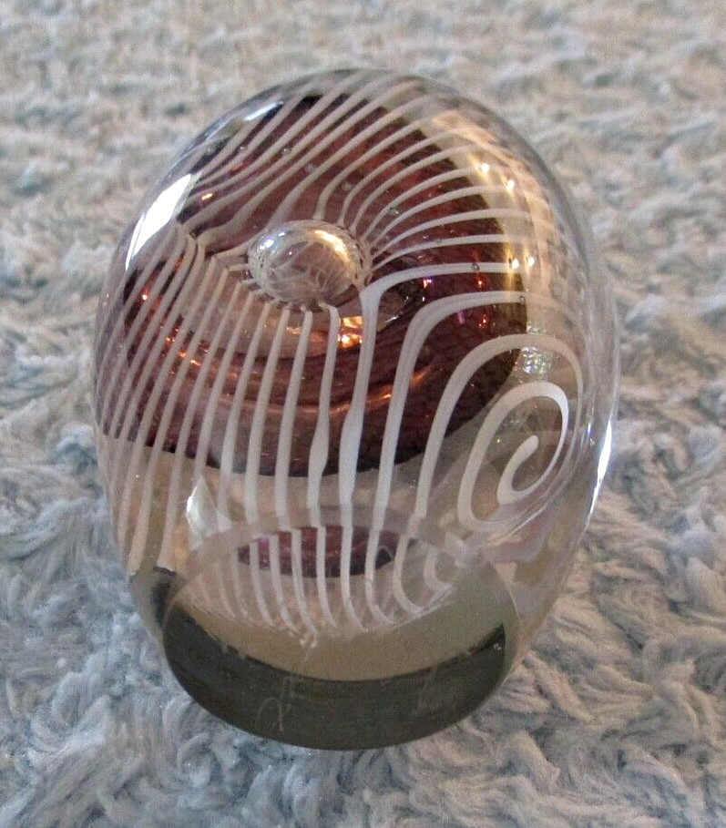 Eickholt Signed 1989 Egg Shaped Paperweight White Spirals, Purple Center EUC