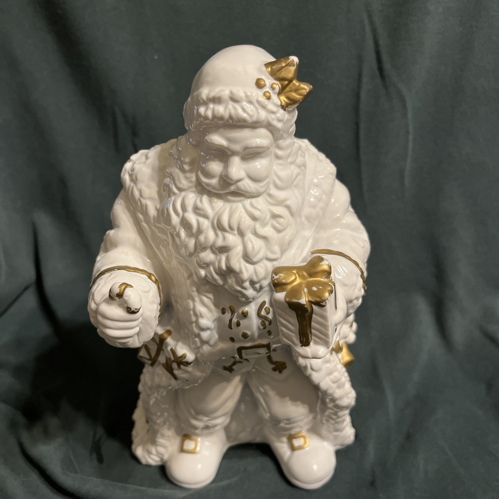 VINTAGE White & Gold Ceramic Santa W/Present Christmas Figure 9.5″H