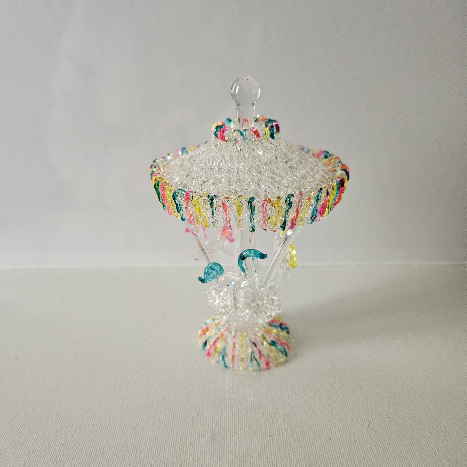 Spun Glass Carousel Figurine Vintage 3 Horses Pink Blue Yellow Spins 4.5″ Tall