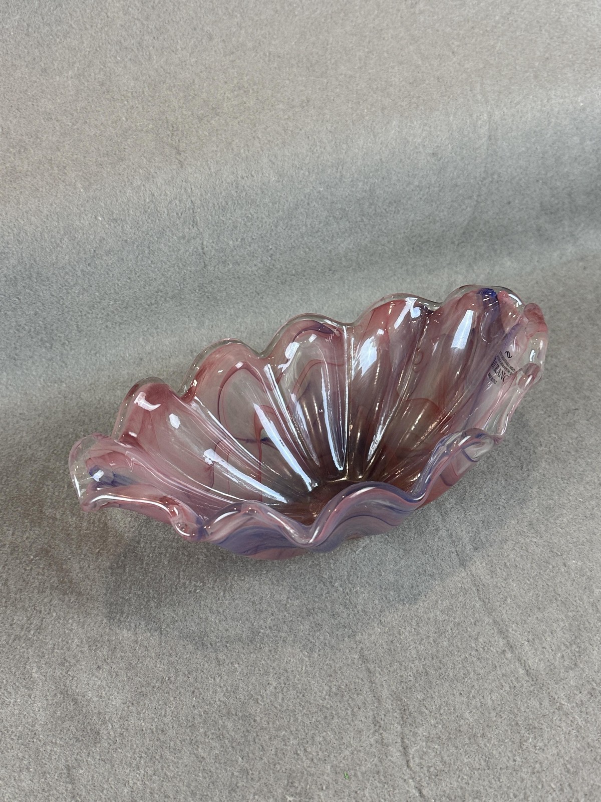Murano Hand Blown Pink Swirl Glass Ruffled Bowl Ornament Made Italy Decor Art