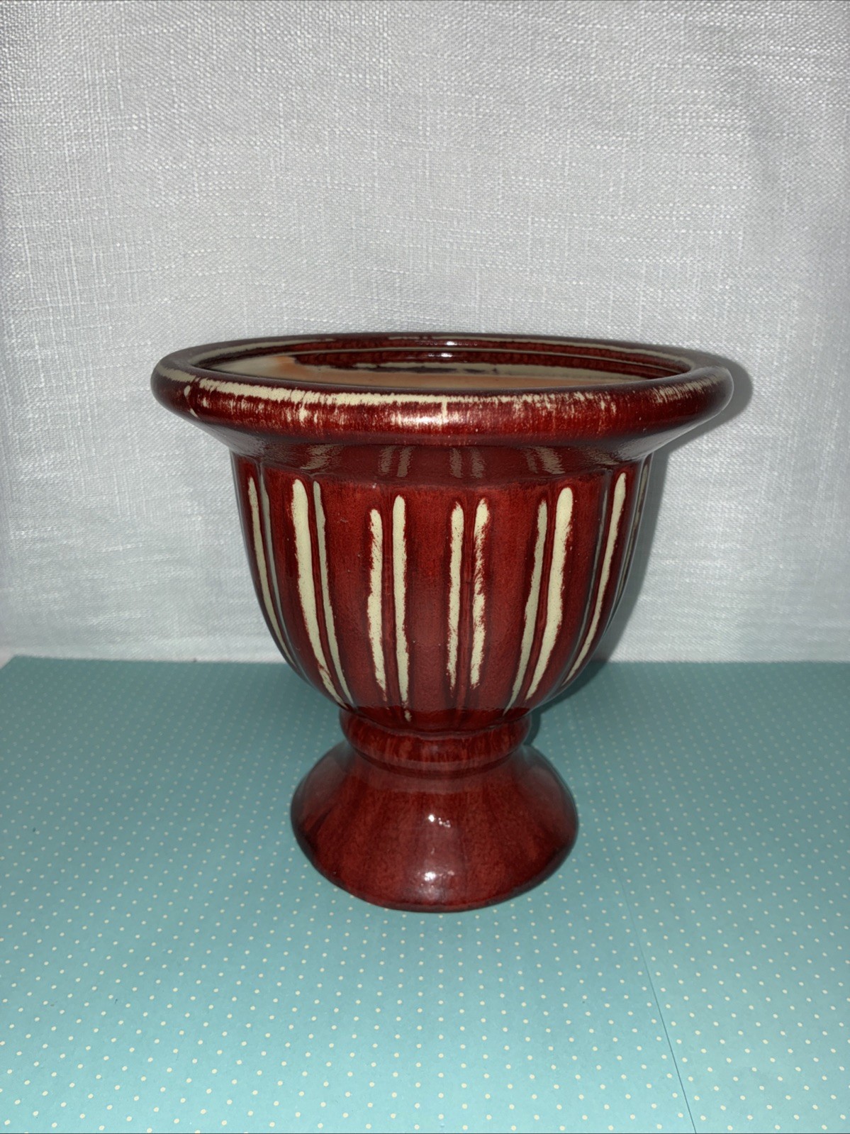 Vintage Urn Vase Red & Cream Glazed Finish,Ribbed, Footed 7 3/8”x7 3/8” Preowned