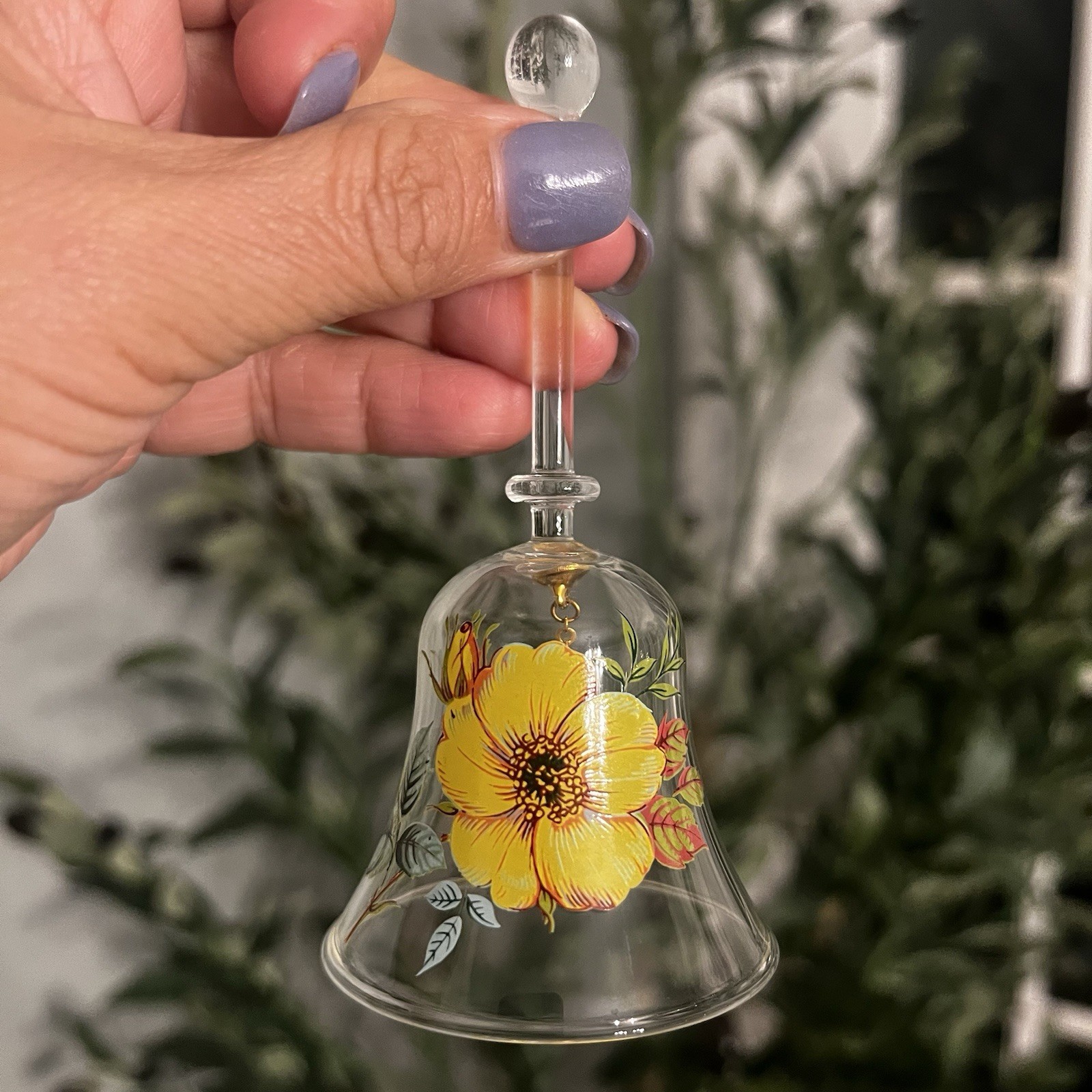 Clear Glass Bell with Yellow Poppy Flower Hand Painted 4.5″ Tall