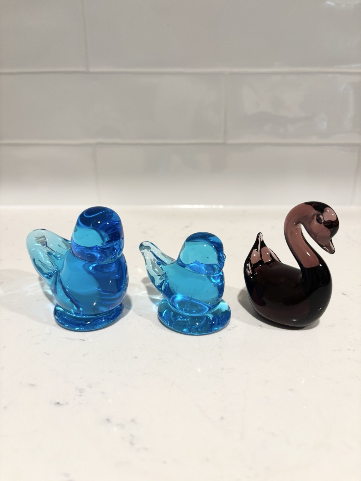Vintage Glass Blue Bird Of Happiness & Purple Duck Goose Swan Lot Of 3 Roy Ray