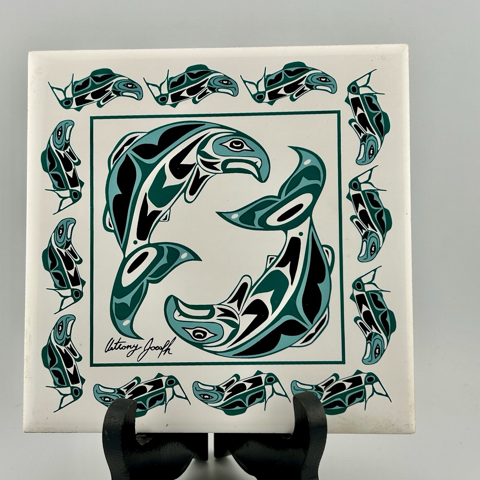 Anthony Joseph Ceramic Trivet Tile 6″ Salmon Coast Salish Signed 2000s Vintage