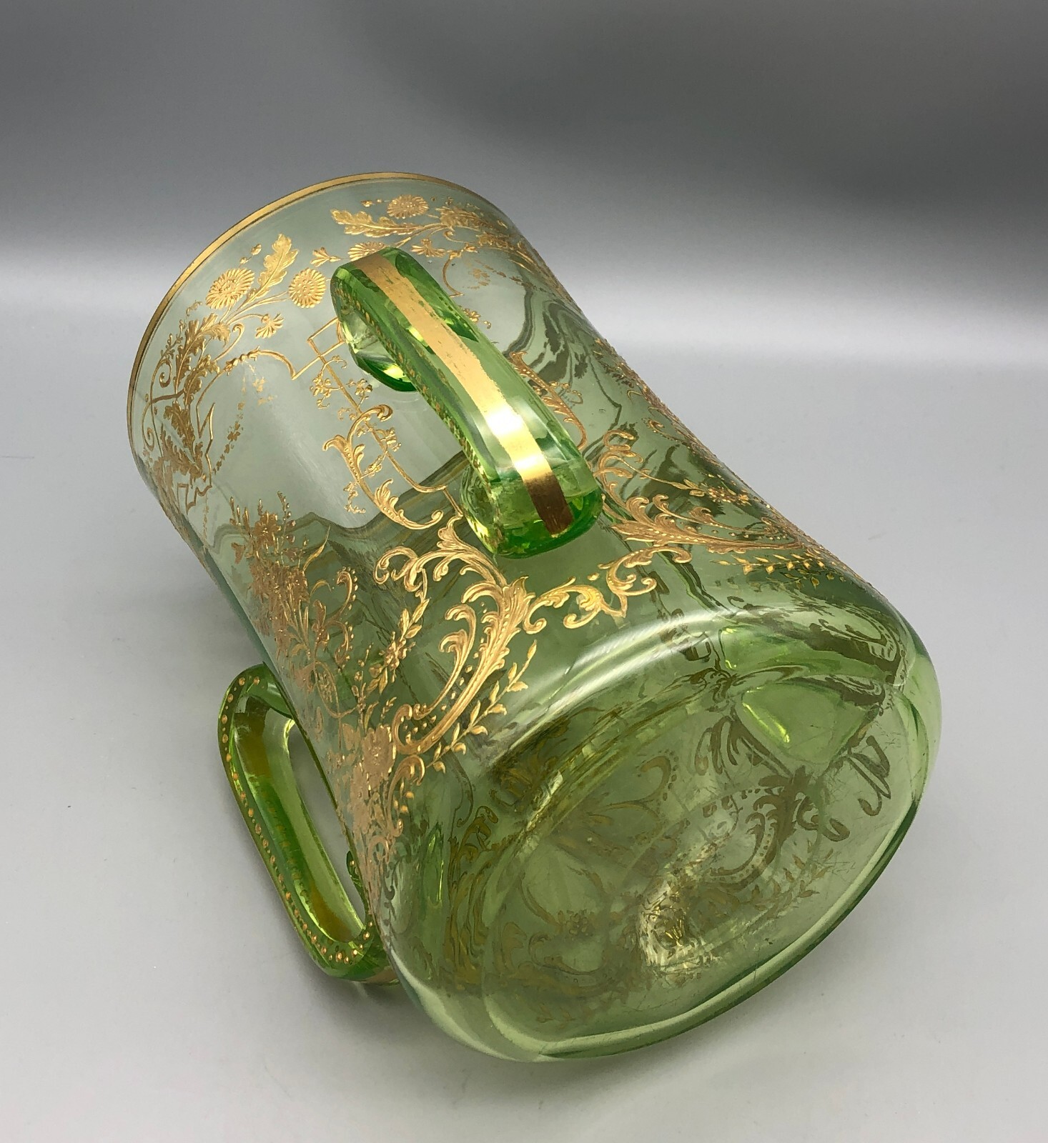 Antique Moser Green Vaseline Glass Raised Applied Gold Encrusted Loving Cup Vase