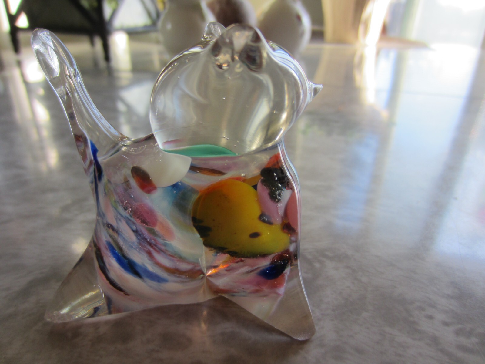 Vintage art glass cat paperweight Unbranded Multi-colors small FAT cat