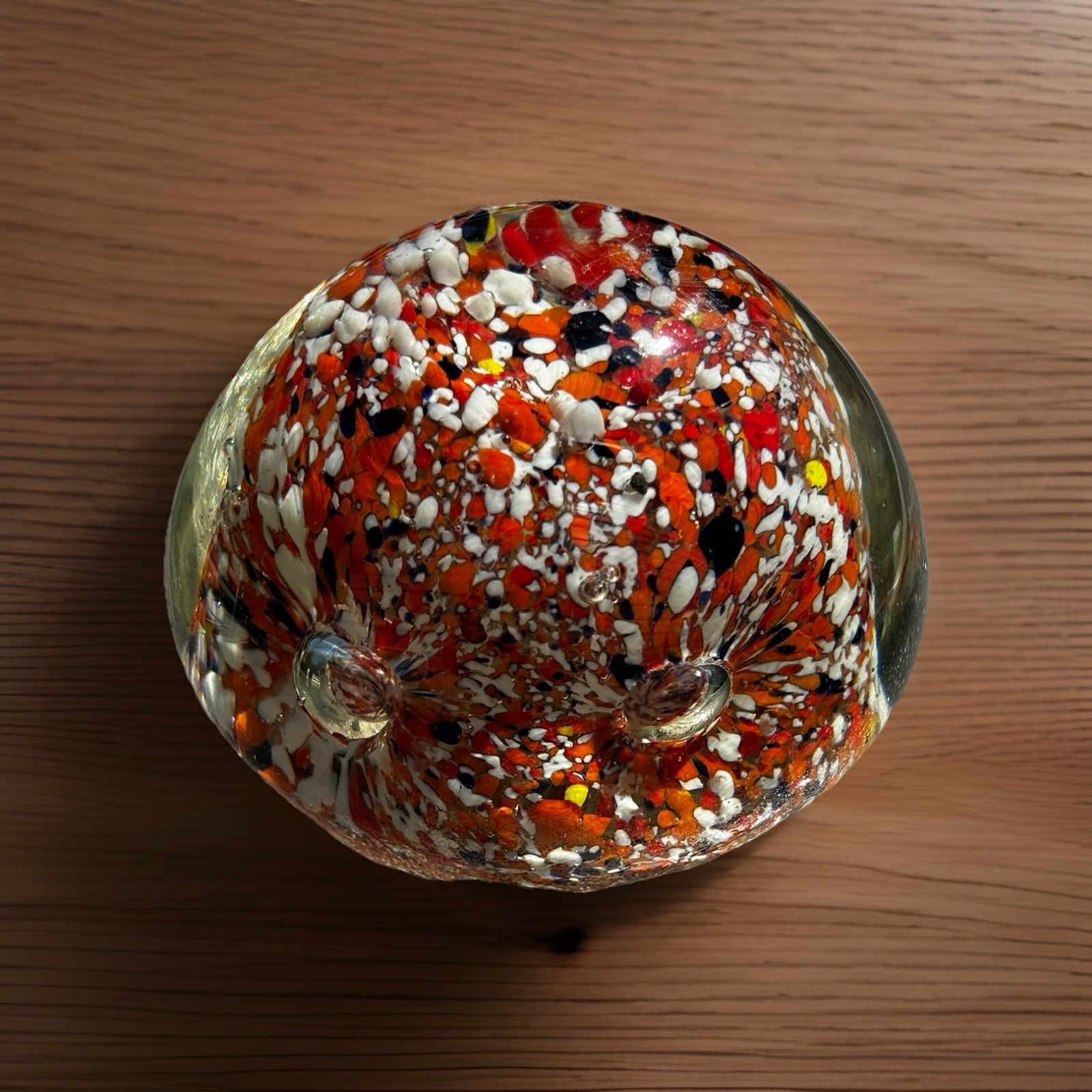 Art Glass Paperweight Clear with Orange White and Yellow