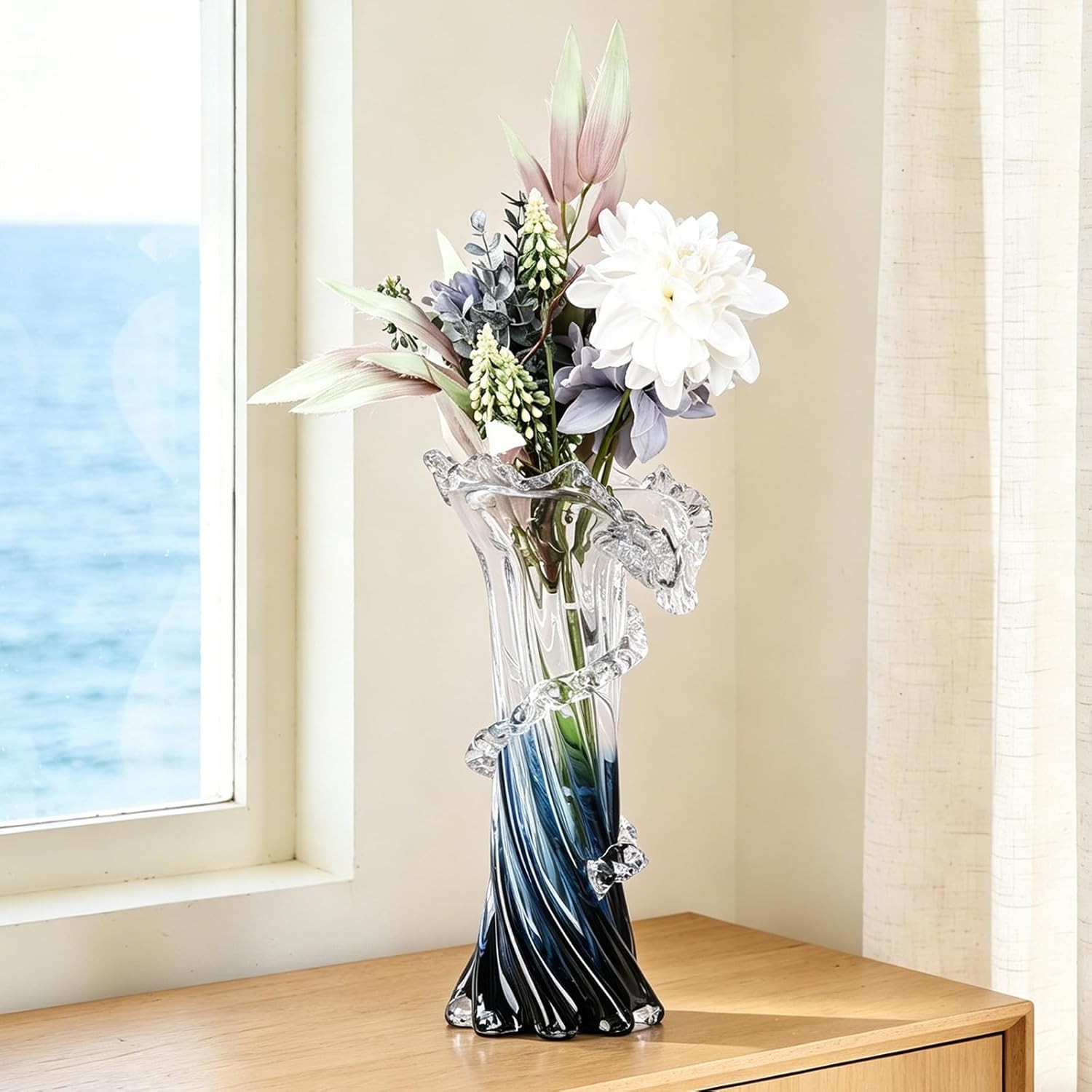 Murano Hand Blown Blue White Clear Gradient Glass Vase Wave Design Art Deco