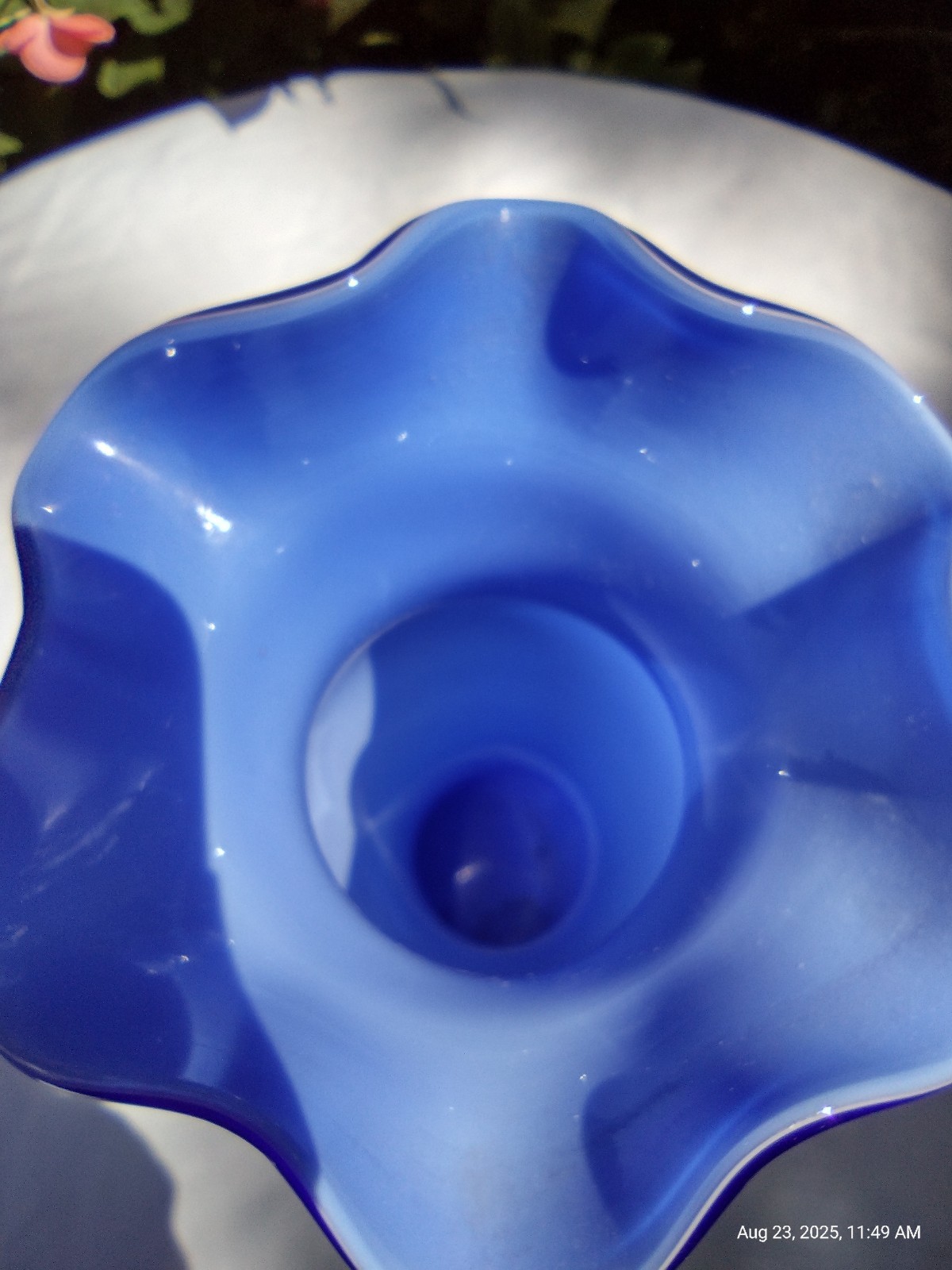 Cased Glass Vase Cobalt Hand Blown With Applied Bow 8.25″ Glows