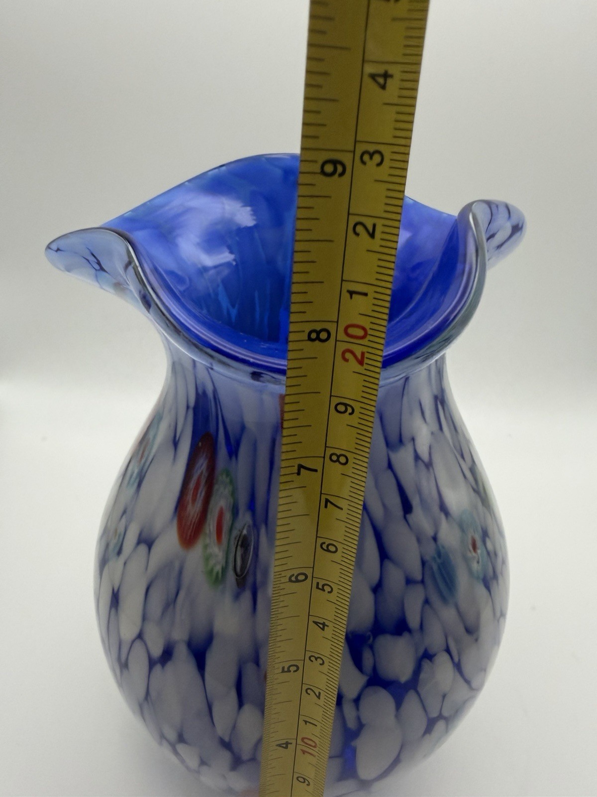Hand Blown Art Glass Vase Blue & White Millefiori Confetti Vase 8”