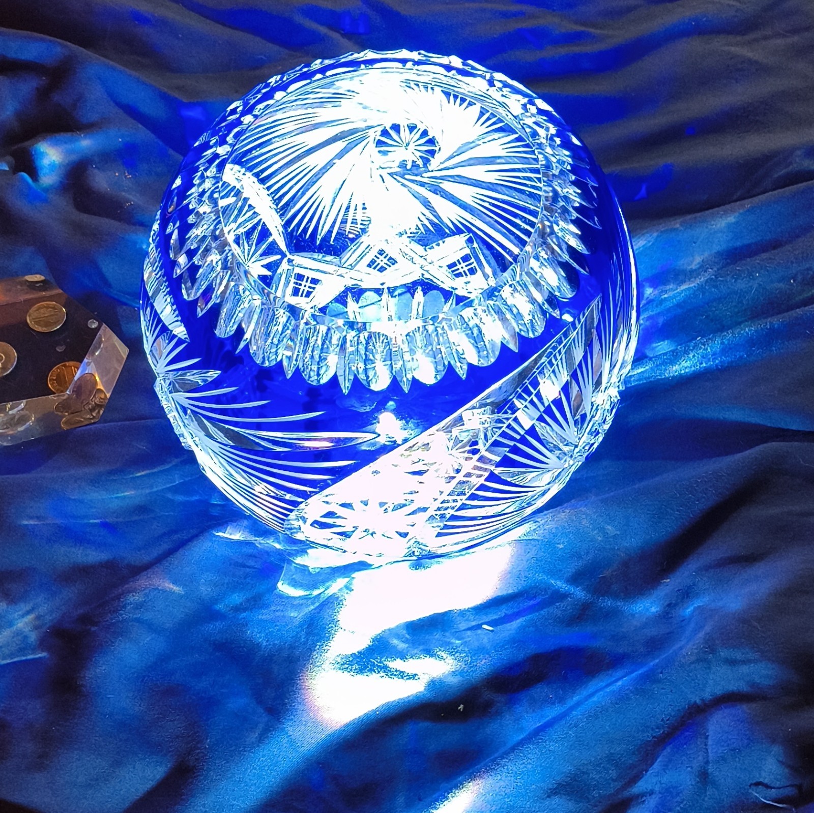 Vintage Bohemian Cobalt Blue Cut to Clear Crystal Bowl Spherical Rose Bowl Vase
