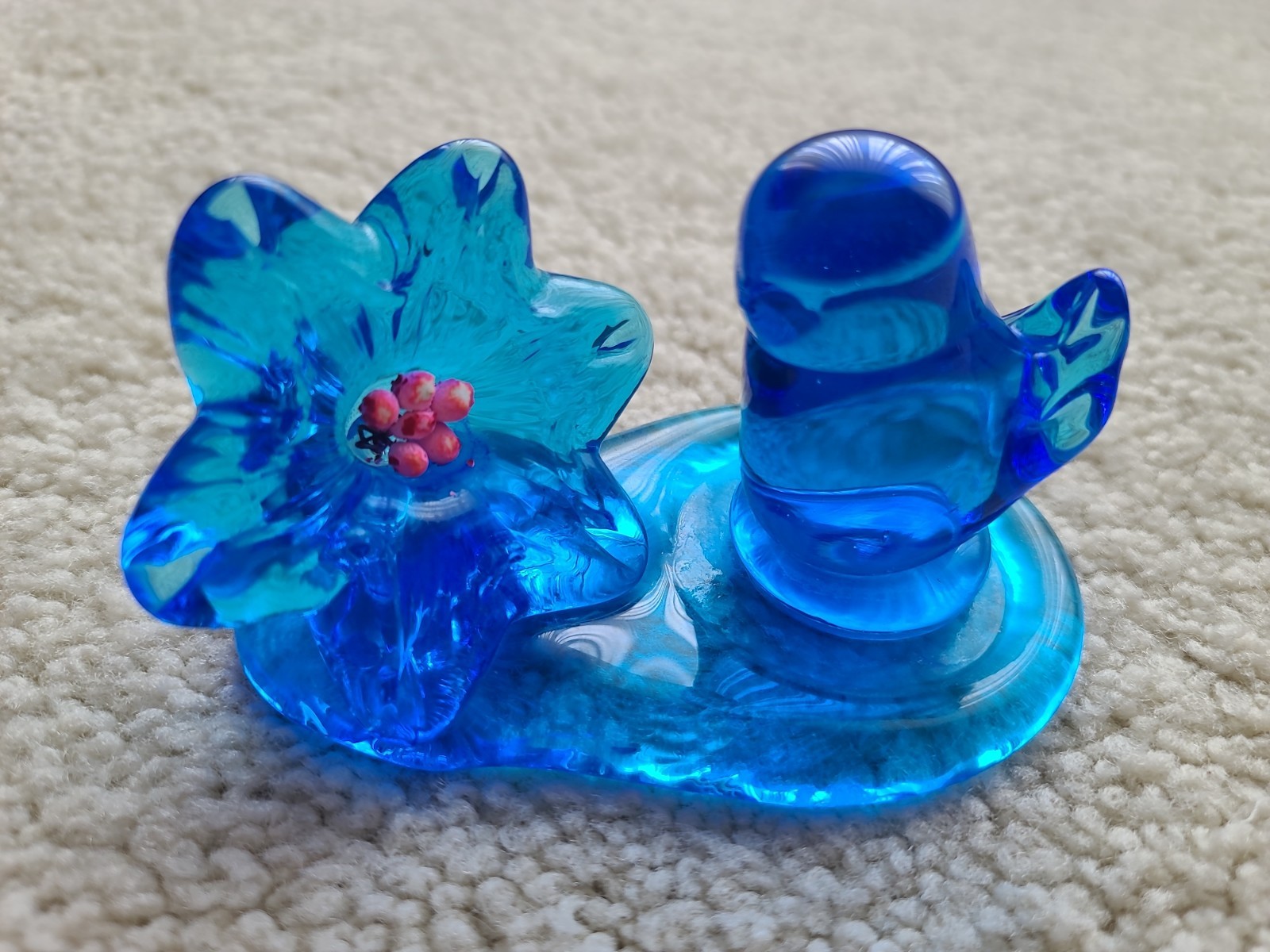RARE Blue Bird of Happiness with Blue Flowers Inside Pink Signed Leo Ward 1994