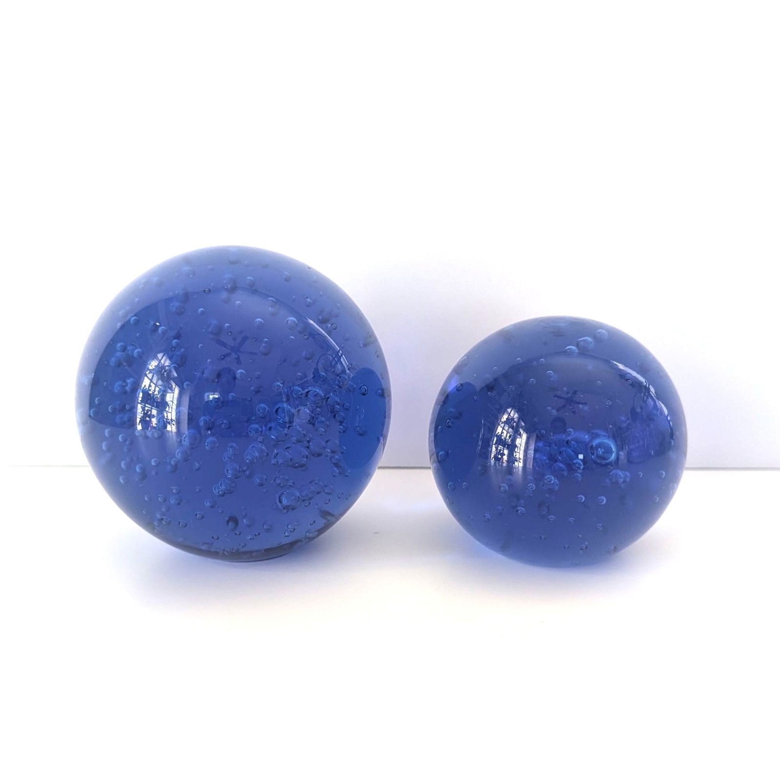 Handblown Blue Glass Bubble Orb Sphere Paperweights Set Of 2