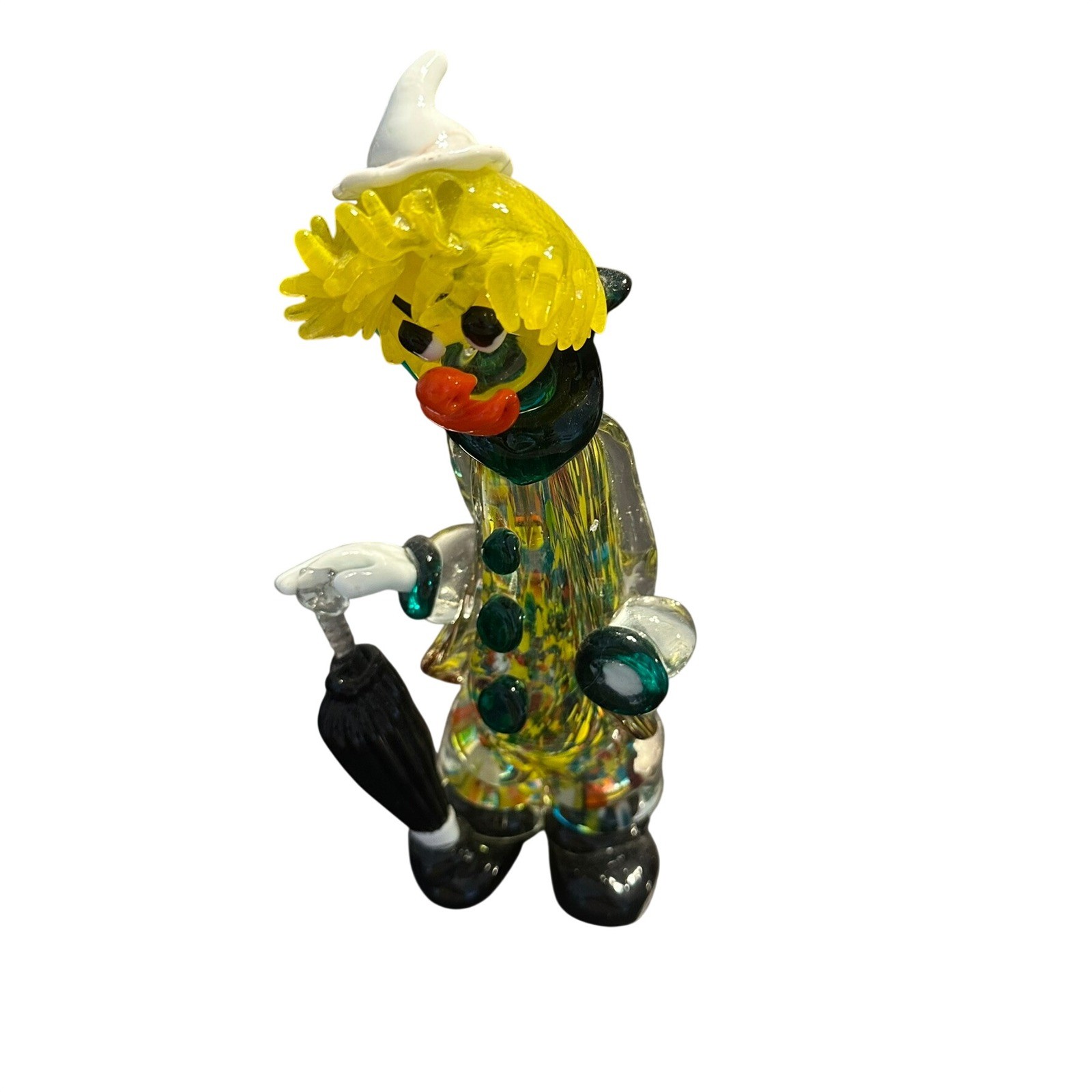 Murano Style Art Glass Clown Figurine with Umbrella Yellow Hair Millefiori 8in