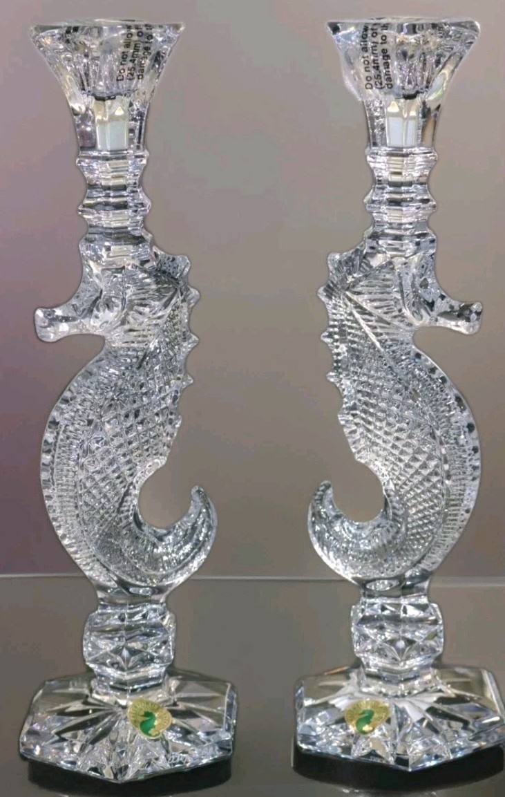 Waterford OCEANA SEAHORSE Candle Stick Holders 10.5″ Sign Jim O’Leary Ltd E NIB