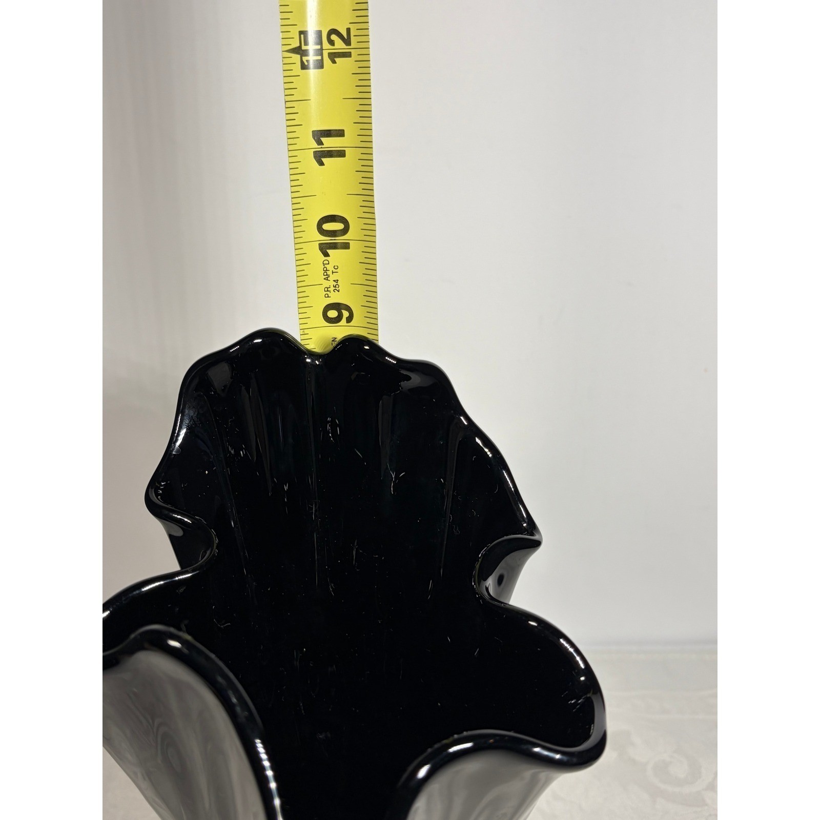 Fenton Art Glass Handkerchief Vase MCM Thumbprint Black Swung Ruffled Rim