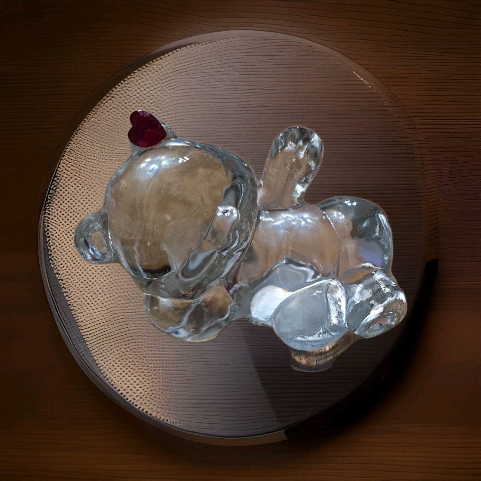 VTG Fenton Reclining Clear Glass Bear With Red Heart On Ear