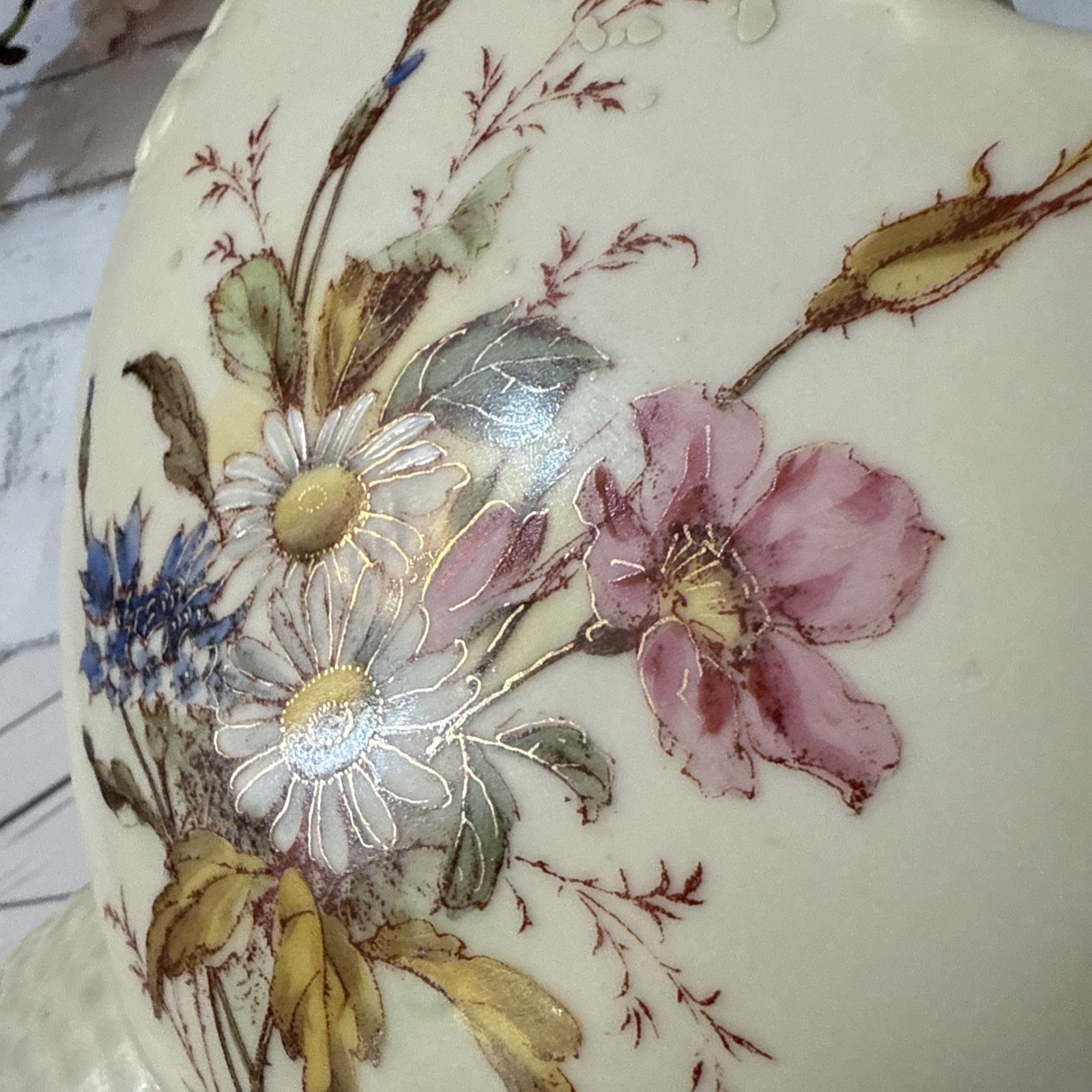 Rare! VTG Ceramic Ewer with Dragon Handle, Floral Design 9.75” Vase 1930-50 s