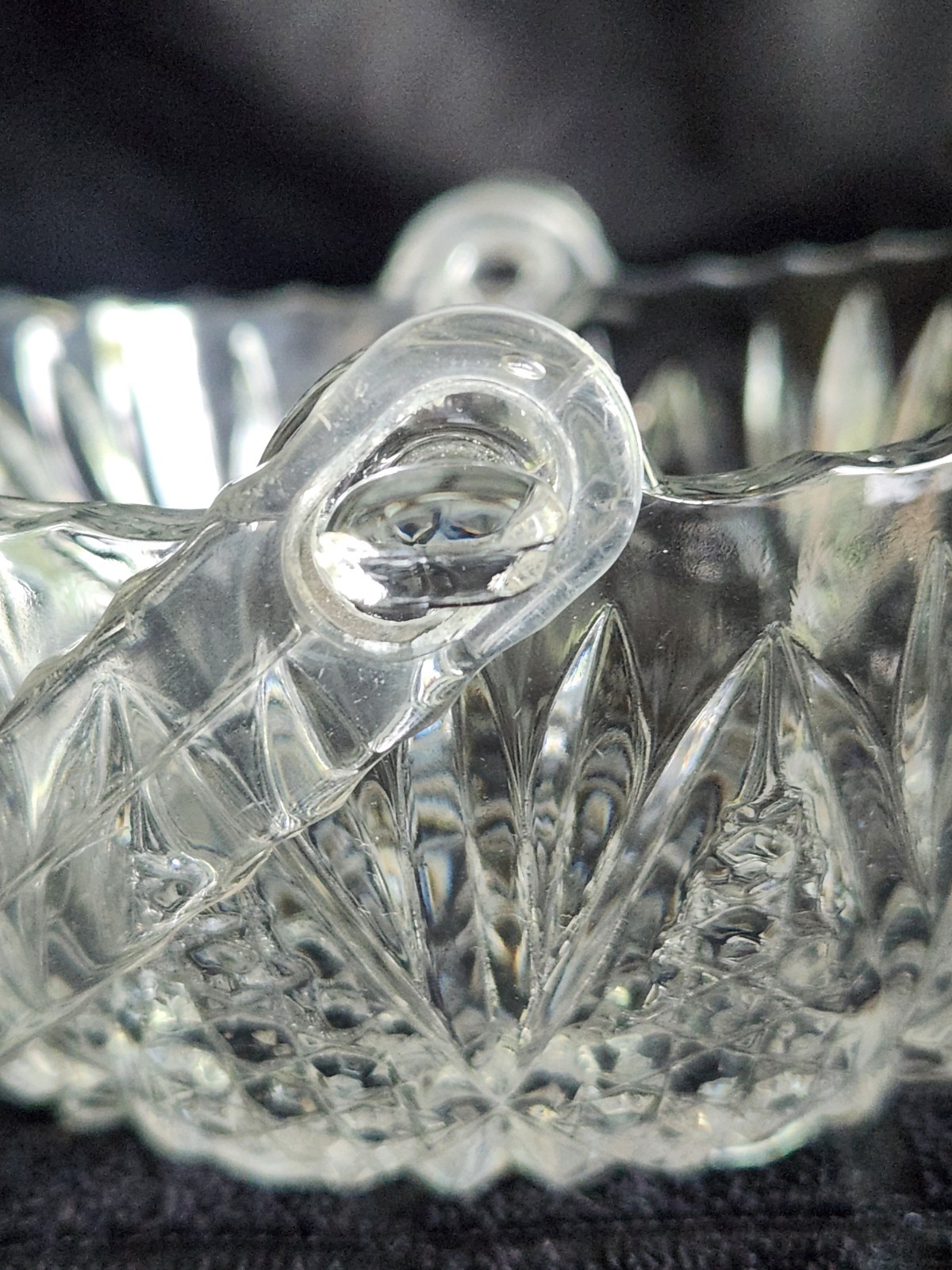 Vintage Glass Basket with Plastic Handle • Pressed Glass Diamond Pattern 5¼”×4½”