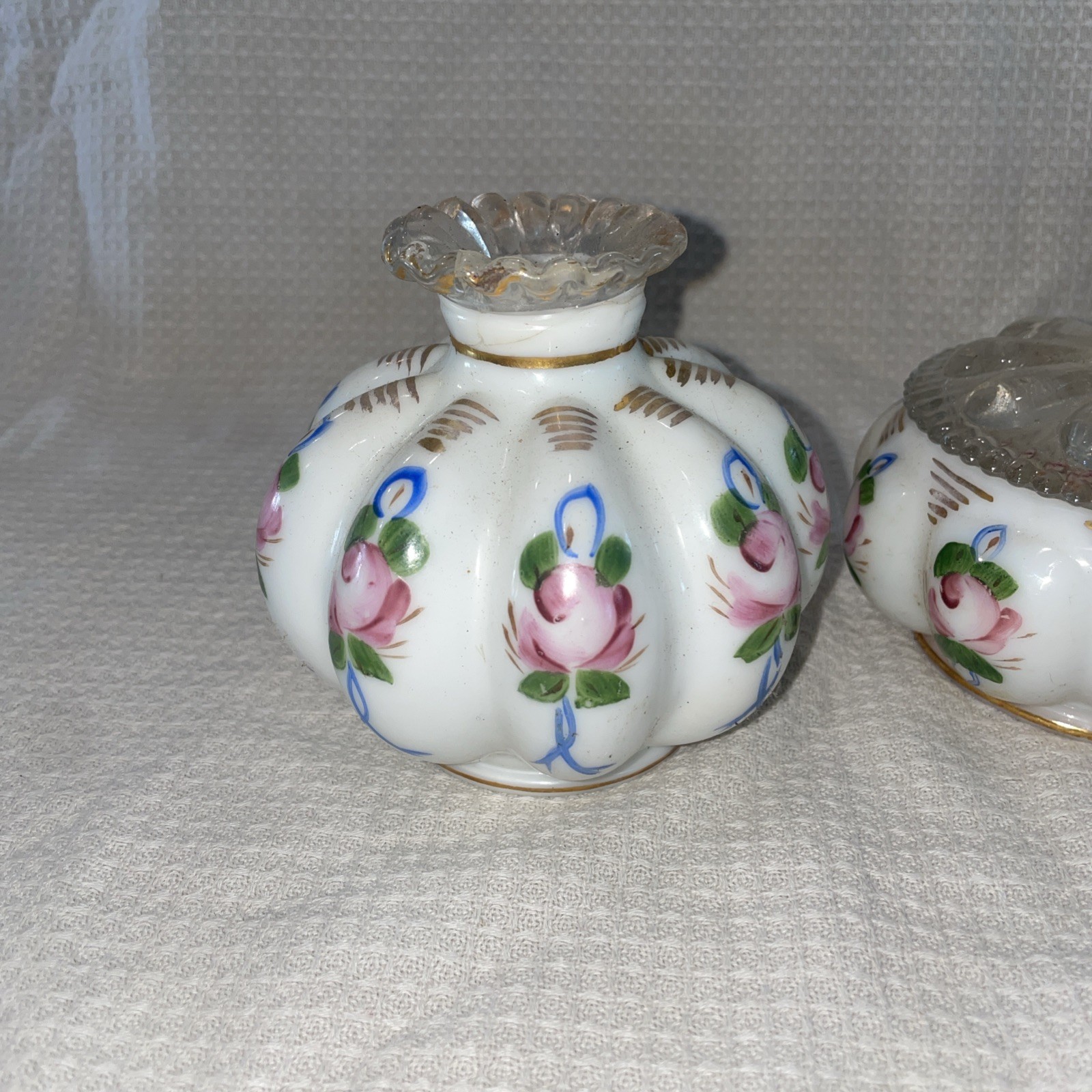 Set of 3, Charleton Milk Glass Perfume Bottles & Powder Box Hand Painted Roses