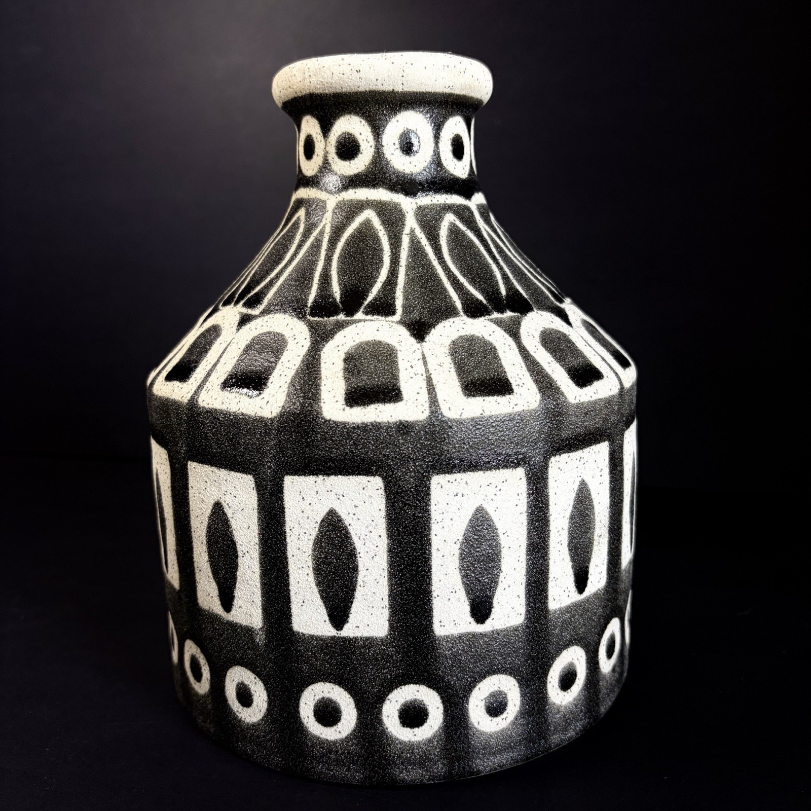 Vintage Mid Century Modern Abstract Art Pottery Jug Vase Geometric Black White