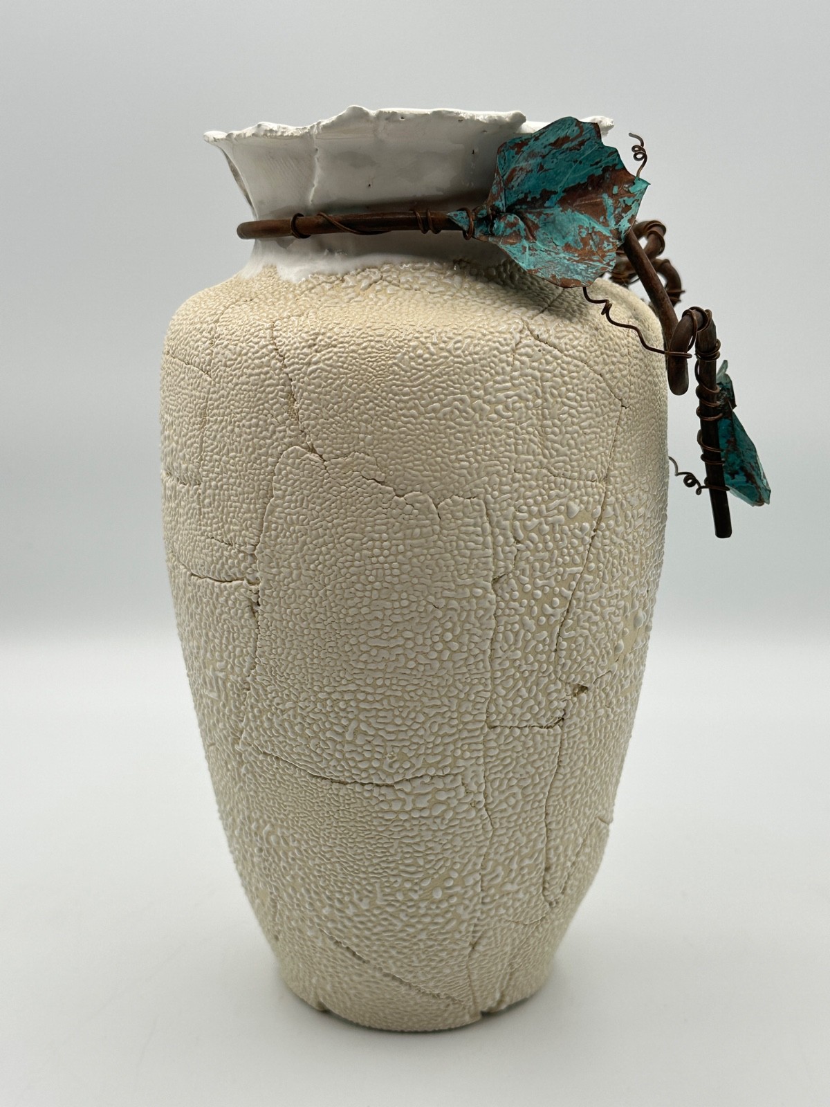 Handmade Studio Art Pottery Vase Copper Vine Patina Leaves Textured Ceramic
