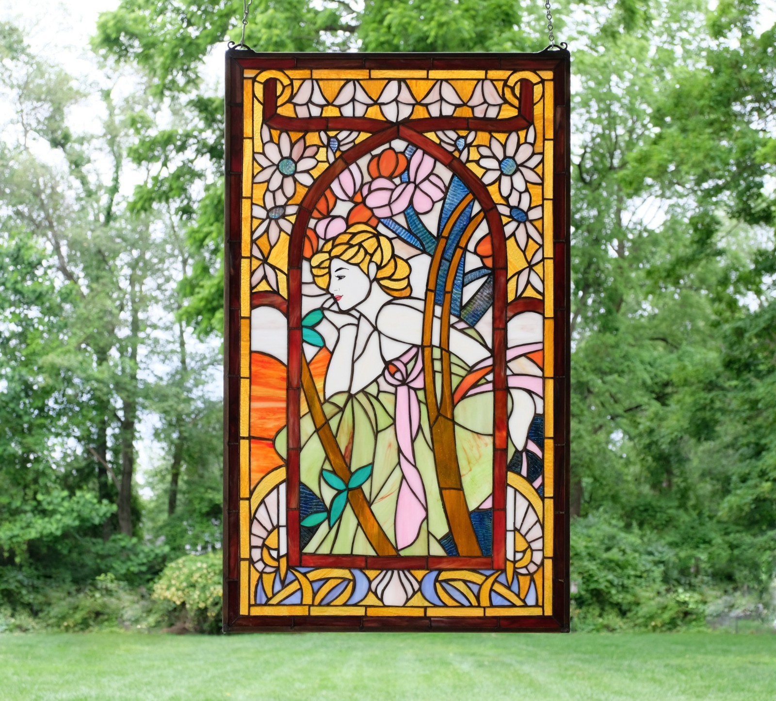 Tiffany Styl Alphonse Mucha Art Stained Glass Window Panel Evening Contemplation